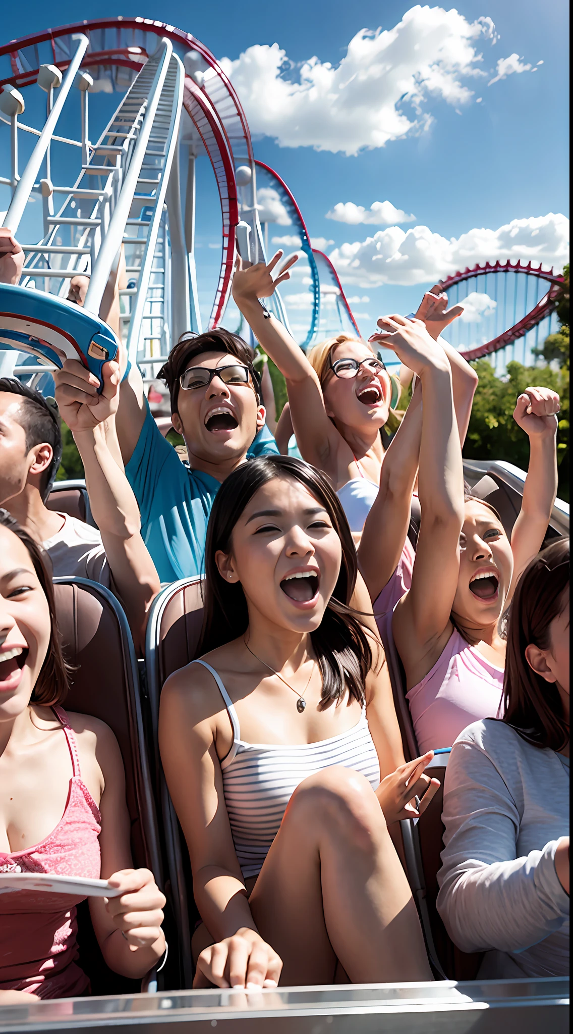 A dozen friends play roller coaster at a large amusement park