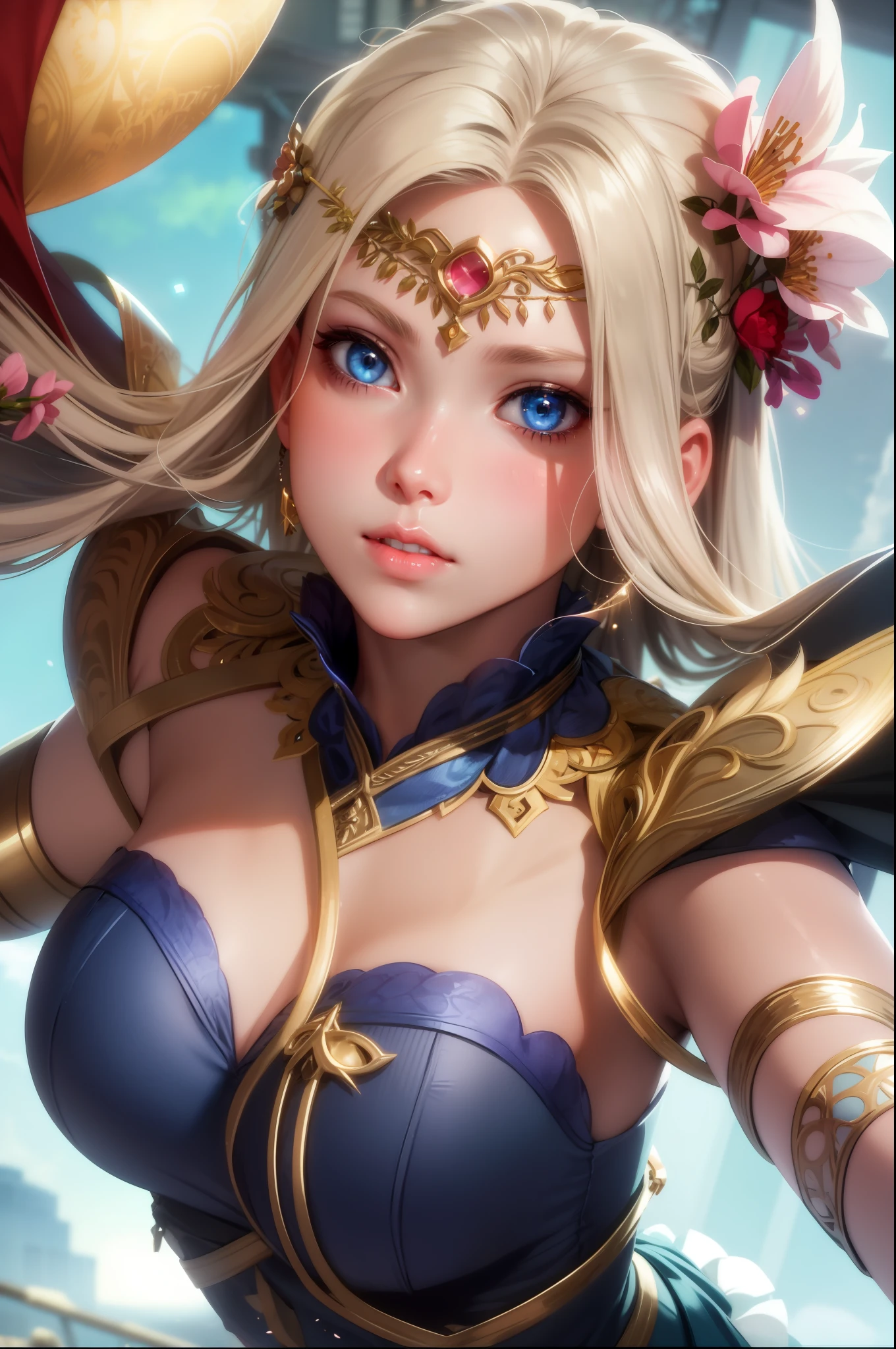 realistic, one girl, light blue eyes, glowing eyes, crop top, skirt, parted lips, blush, night, flowers, sun, sunlight, blonde hair.