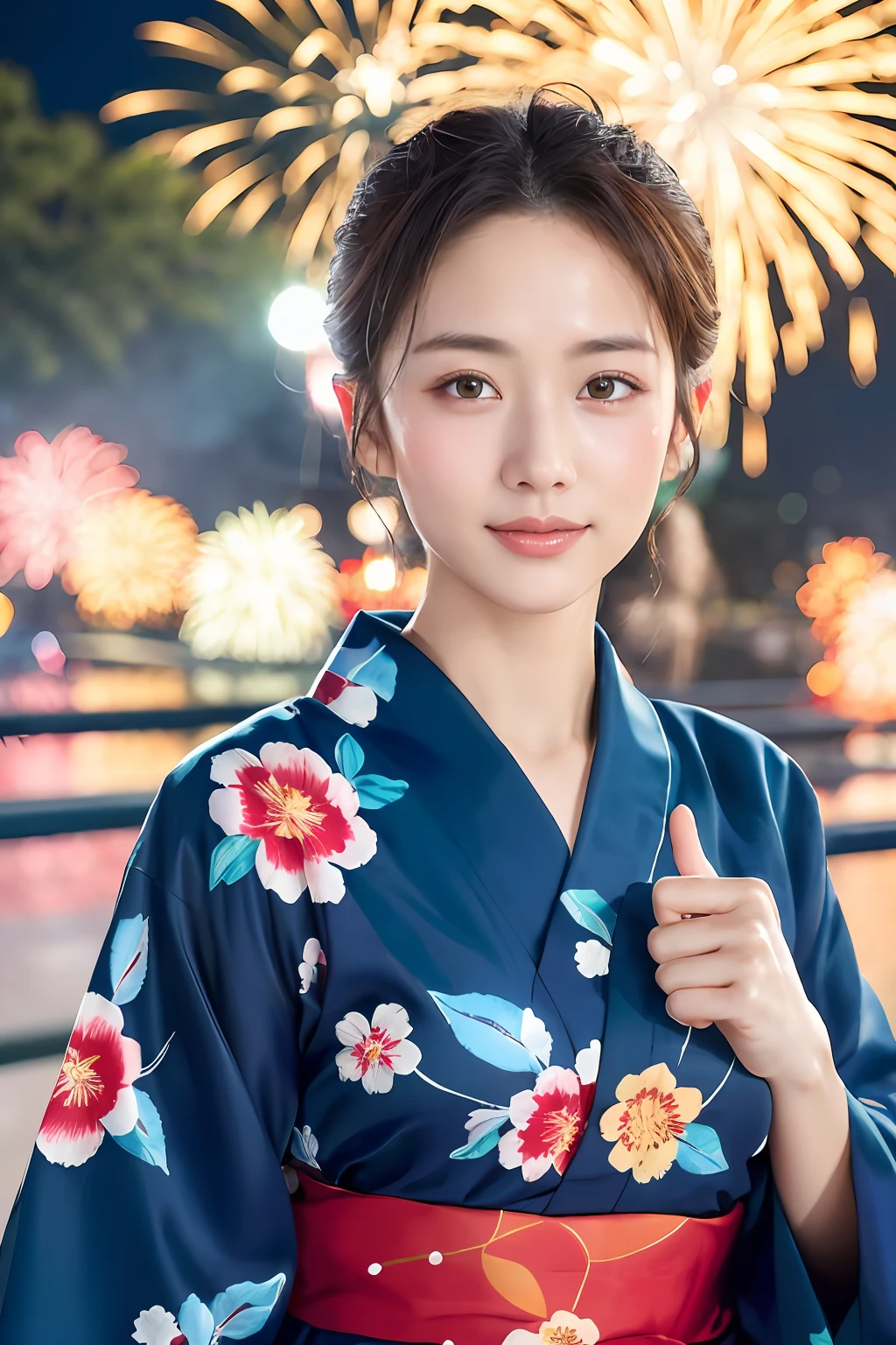 ((​masterpiece、top-quality、ultra-definition、hight resolution))、独奏、a beauty girl、radiant eyes、perfect  eyes、Japan's beautiful sister、18year old、Yukata with red floral pattern、Fireworks in the background、high-level image quality、4K.