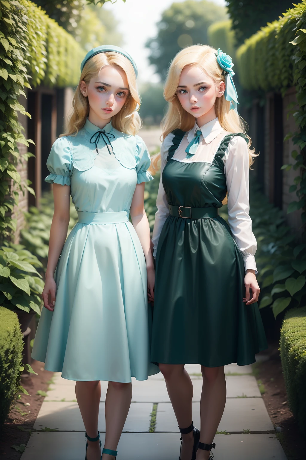 Two girls, sisters, blond hair, closed dresses, Cyan eyes, Fashion of the 1940s, garden
