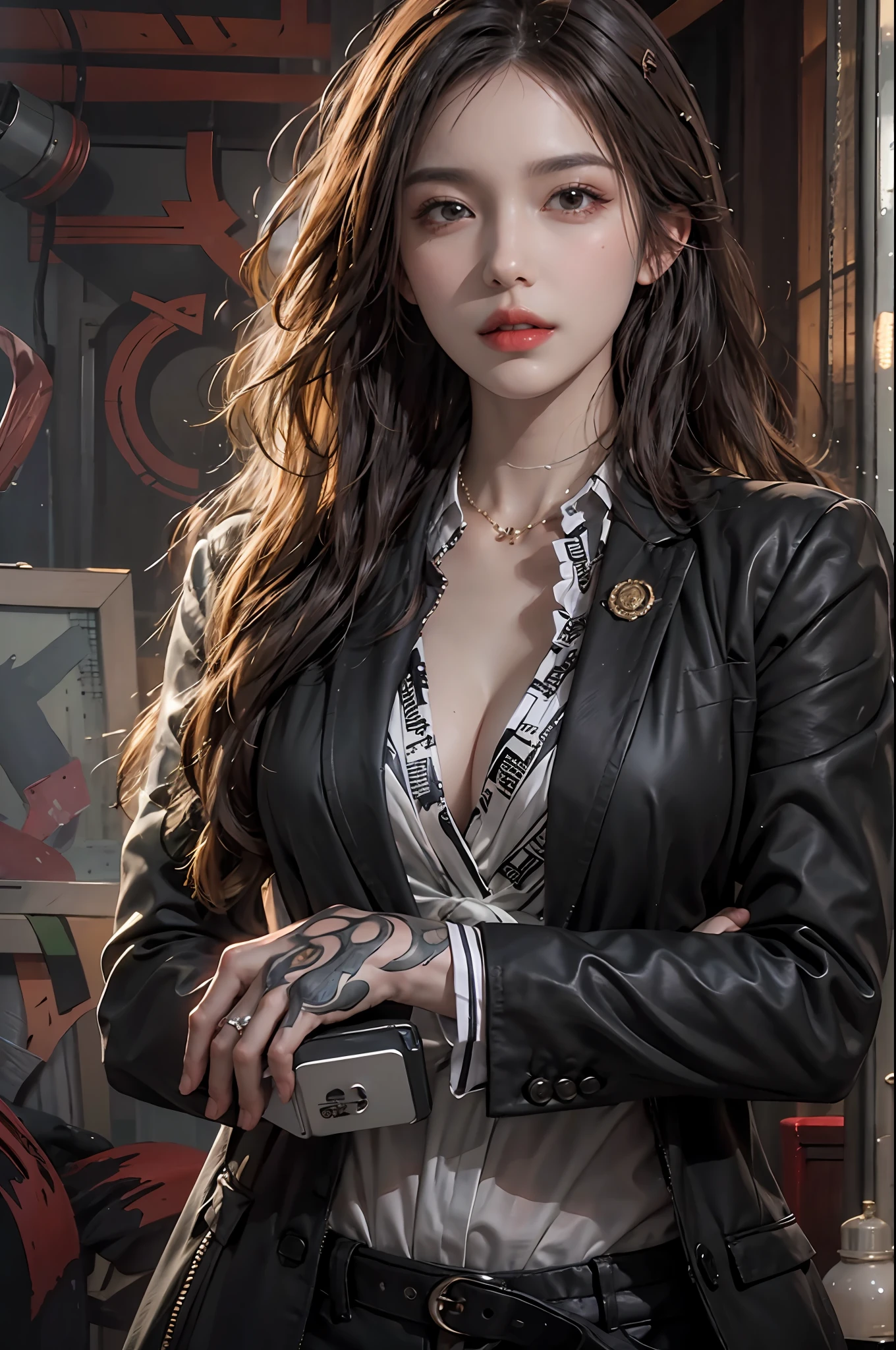 photorealistic, high resolution, 1women, solo, hips up, look at viewer, (detailed face), wavy hair, black suit, mafia, tattoo, jewelry