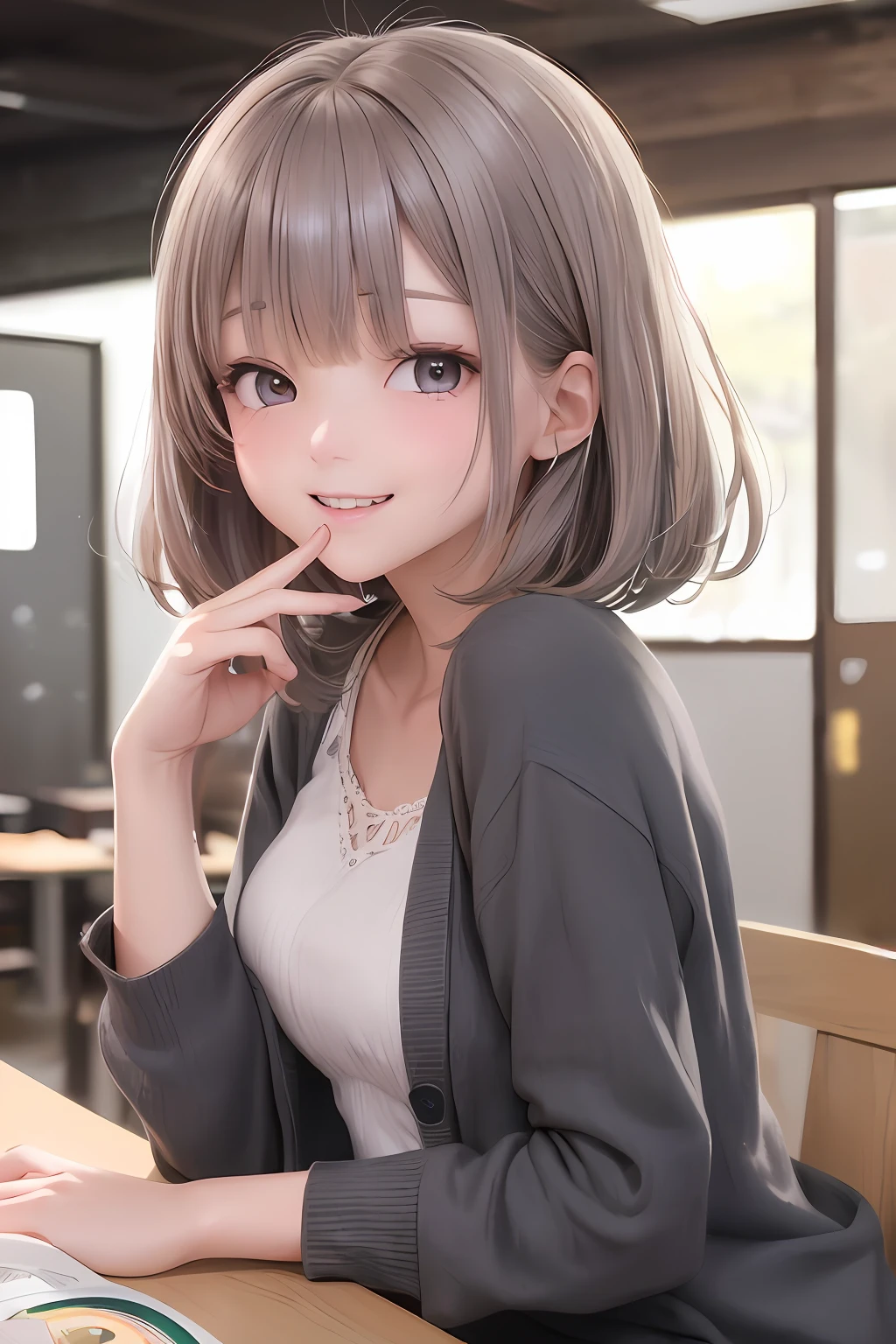 (Highly detailed CG Unity 8K wallpapers、masterpiece、top-quality、The ultra-detailliert)、(extremely delicate and beautiful)、(dynamic ungle、portlate)、adult lady、(Brown hair)、(Away from the shoulders)、美丽的面容、de pele branca、depth of fields、radiant lips、vivd colour。embarrassed from、short-cut、straight haired、Cardigan、(laught)、(eyes gentle)、Happiness、(grey eyes)、Dazzling smile、(Oversize)、Crumpled smile、Hands in the mouth、Bright background、