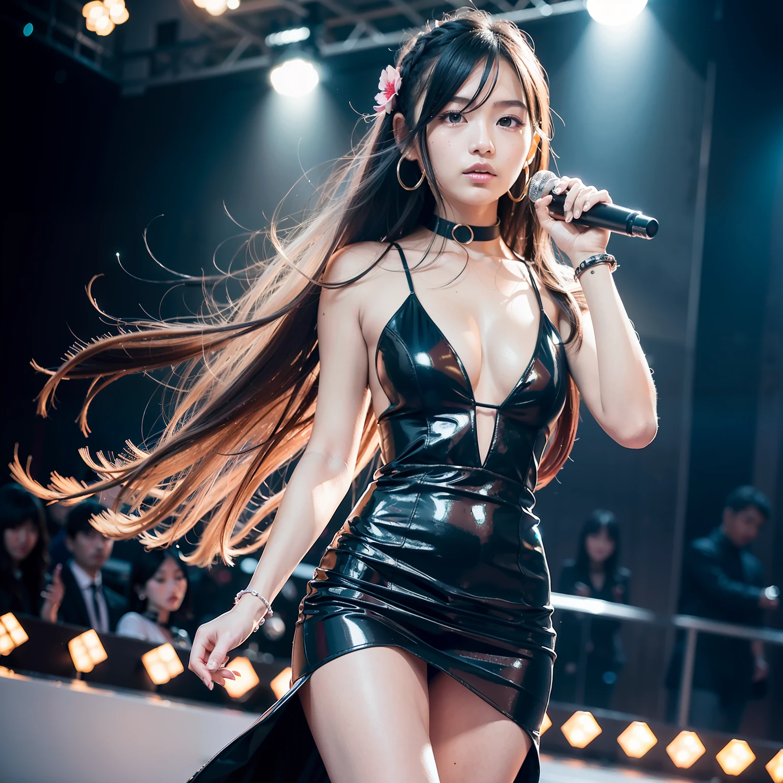 femele,18-20 years old,(digital model:ko Matsushima 1.8),(Thin bone face,s delicate face),com rosto detalhado,(Delicate Japanese makeup),Beautiful face,hyperdetailed face,Black colored eyes,(Look into the distance),Long hair micro-curls,(Windswept hair,Messy has layers),Flaming red lips,Fair smooth skin,(Best Skin Type:1.21),mediuml breaxury haute couture dresses,shift dresses,Flower hairpins,Flower bracelet,choker necklace,high-heels),((Outdoor catwalk,Tokyo fashion show),(neonlight,Audience within audience,Walking model,Various lights),Stage performances),masterpiece1.3,((Hasselblad photograp)),(Vista view of the catwalk,fully body photo),(The picture is subtle and elegant),8K分辨率, physically-based renderingt,Dynamic Angle,Dynamic pose,Floating feeling,动态照明,Exquisite stage details,详细的脸,The picture is pure,perfect hand,Perfect posture,Ultra-fine makeup,Ultra-fine clothing material