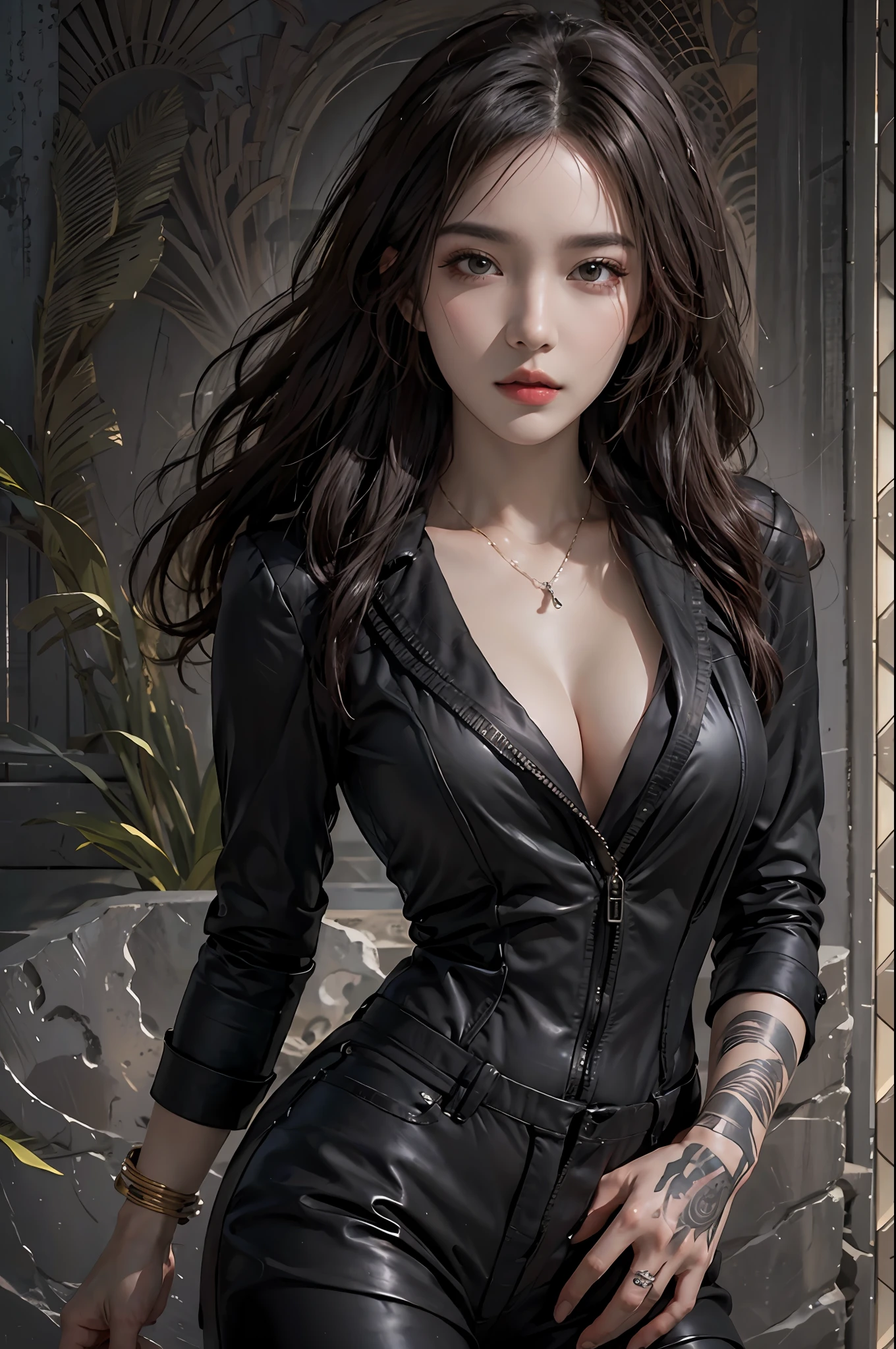 photorealistic, high resolution, 1women, solo, hips up, look at viewer, (detailed face), wavy hair, black suit, mafia, tattoo, jewelry
