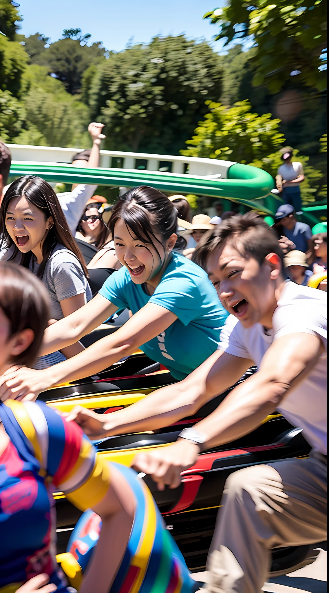 A dozen friends play roller coaster at a large amusement park