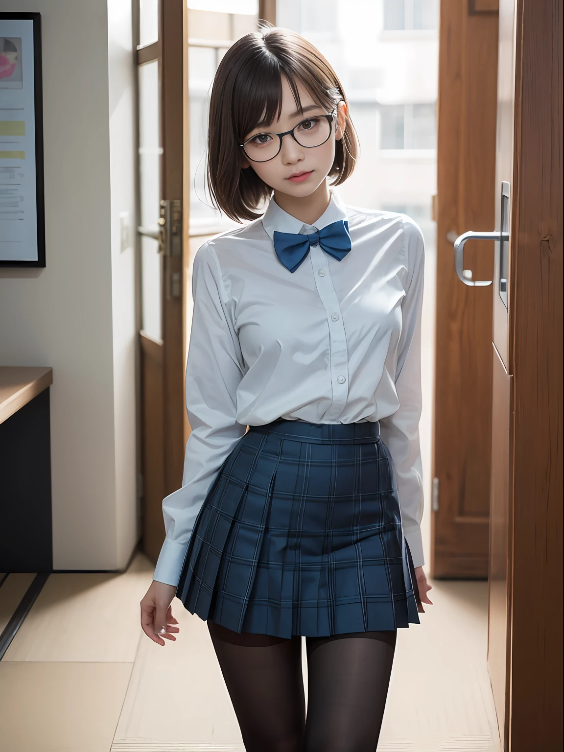 (8K、Raw photography、top-quality、masterpiece:1.2),Bullish,Muchimuchi,Erotic,Pupils,Light Blue Bra,de pele branca,kne,(Black pantyhose),absurderes,a small face,small tits,flat breast,Parting the bangs from the middle、Forehead visible,(a cold expression,Tight eyes,glares,Bullish,skinny,Rasping,irate)、masterpiece,top-quality、超A high resolution,Raw photo,ren,Beautiful fece,One Person, 独奏,eye glass,,Dark look,Small breasts,fullllbody,Round glasses、cute little、JK school uniform,hi-school girl,A Japanese Lady,is standing,(Photorealsitic:1.37)、Photon mapping,Realistic、Cute little face,Brown-eyed、Black socks、(Red bow tie)、Radio City、Physically Based Rendering、Foreground、depth of fields、Blurry background、a picture,The girls、Body,beauty legs, Long legs, Thin leg,shorttwintail,(Bangs are visible), hair, s lips, Blue_The eye, nosesoft,(Light blue shirt), (Navy and blue and white plaid pleated skirt), Knees are visible,Sheer clothing,, Thigh, Black cotton socks,Nogizaka Idol, 女優, Japanese ido