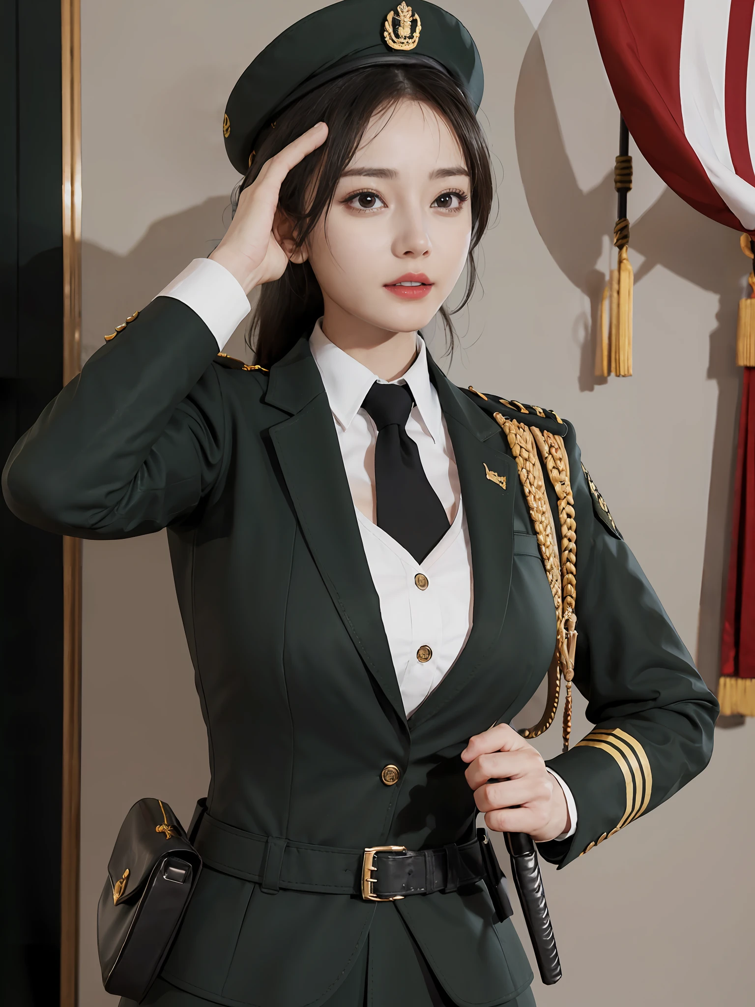 Very detailed CG unity 8K wallpaper，（tmasterpiece），（best qualtiy），（ultra - detailed），（Ultra photo realsisim），（best character detail：1.36），Nikon D750 f / 1.4 55mm，profesional lighting， physically-based renderingt, 1girll, Female soldier，army suit，Green military uniform，Fabric texture military uniform，Pure white lining，Dark green tie，bucket-hat，Black hair，the golden ratio,[:(com rosto detalhado:1.2):0.2]:,PureErosFace_V1, broad shoulder,(Bigchest:1.5),(big assa:1.5)，Soaked with sweat，Place your hands on your chest，red flags，At the cafe，Splendid scenery，bright sun，upper body photos，Flag of China，Salute with your hands，A bright smile，White teeth，lighting，Contre-Jour，