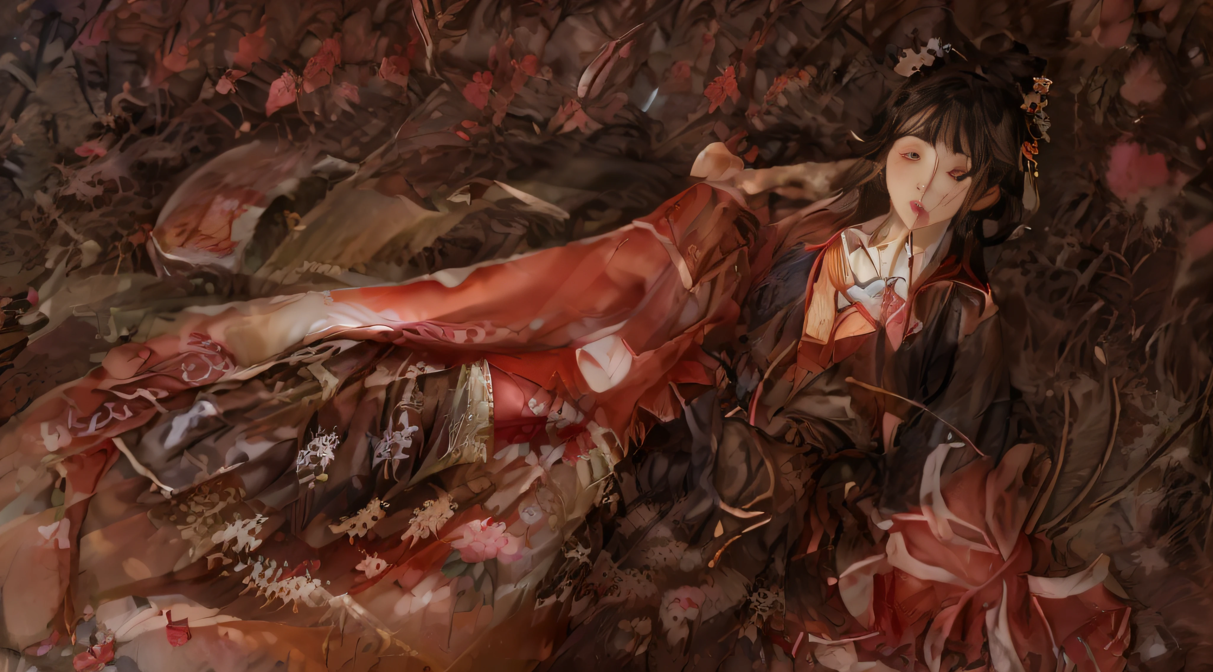 there is a woman that is laying down on the ground，Flowers red, Inspired by Yuumei, inspired by Ryohei Hase, inspired by Ayako Rokkaku, takato yomamoto. 4 k'', A beautiful artwork illustration, author：loish, takato yomamoto, james jean and wlop, portrait of sadako of the ring, Inspired by Takato Yamamoto