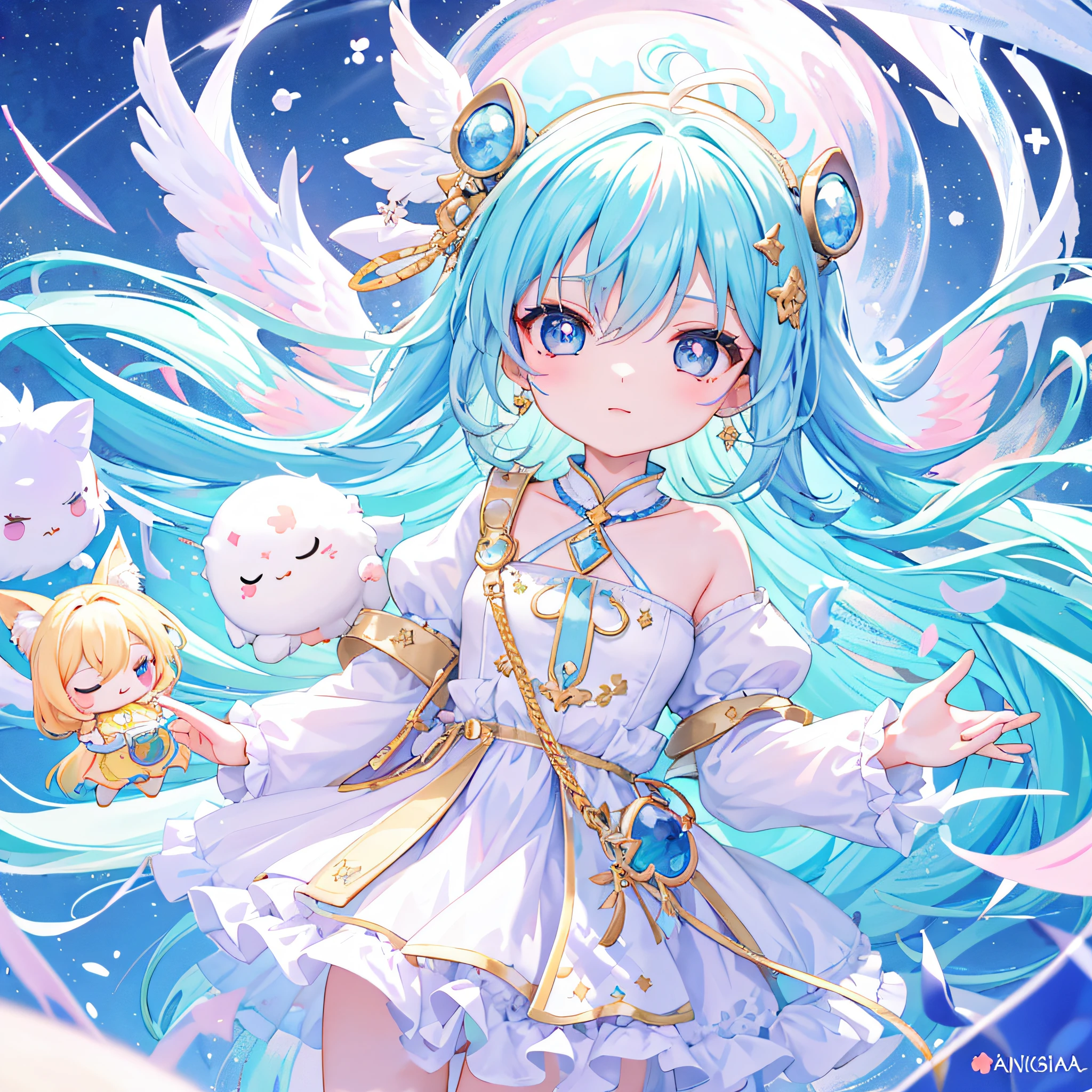 ((a sticker:1.5))), ((Chibi Character)), (white backgrounid), fluffly, girl with, Sorcerer's costume, full body Esbian, Pastel Hair, Pastel colors hair, fairytale, T-shirt design, tmasterpiece, best qualtiy,Shining eyes、cute little!!Chibi!!!,