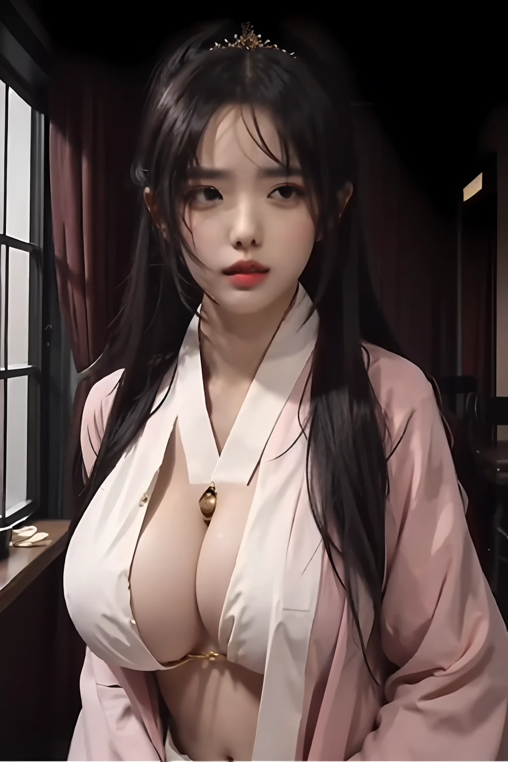 tmasterpiece，Best quality at best，offcial art，the Extremely Detailed CG Unity 8K Wallpapers，
1girll，The upper part of the body，POV，Hanfu，huge tit，belly-bar