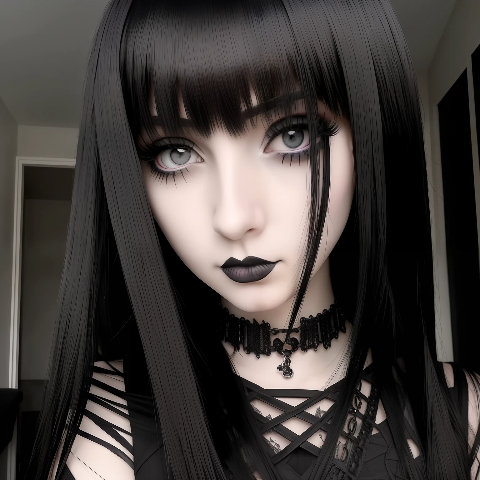 a person with a creepy look on their face, she has black hair, full body, 1 7 - year - old goth girl, goth girl aesthetic, full body, darkwave goth aesthetic, dark aesthetic, goth aesthetic, gothic horror vibes, 1 7 - year - old anime goth girl, pale goth beauty, goth girl, featured on instagram, she has black hair