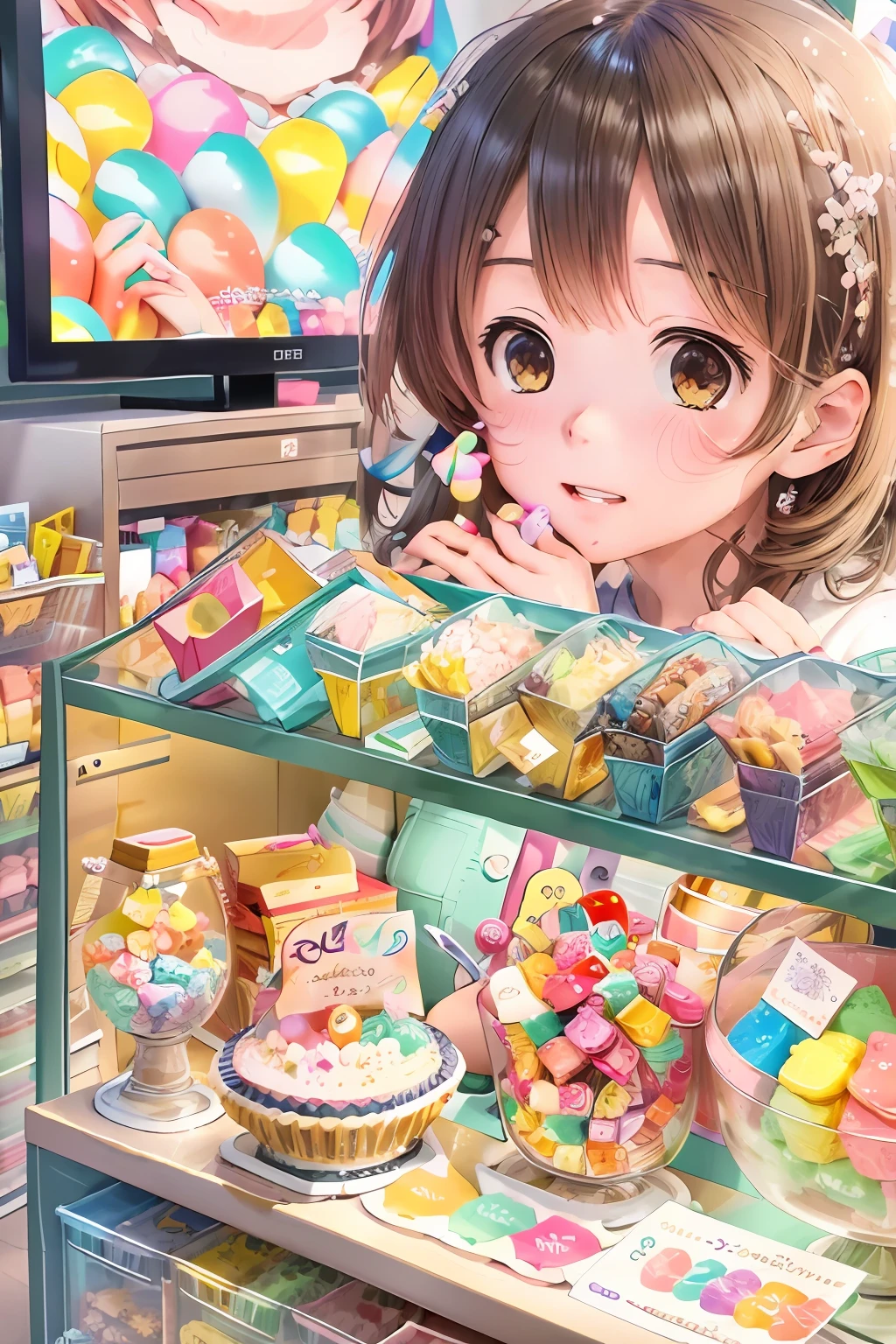 anime girl looking at a display of candy and sweets, sweets, kawaii realistic portrait, detailed digital anime art, anime food, lofi girl, convenience store, kawaii hq render, cute bakery shop, cute art style, digital anime illustration, inside an old magical sweet shop, colorful anime background, soft anime illustration, realistic anime 3 d style, splash art anime loli