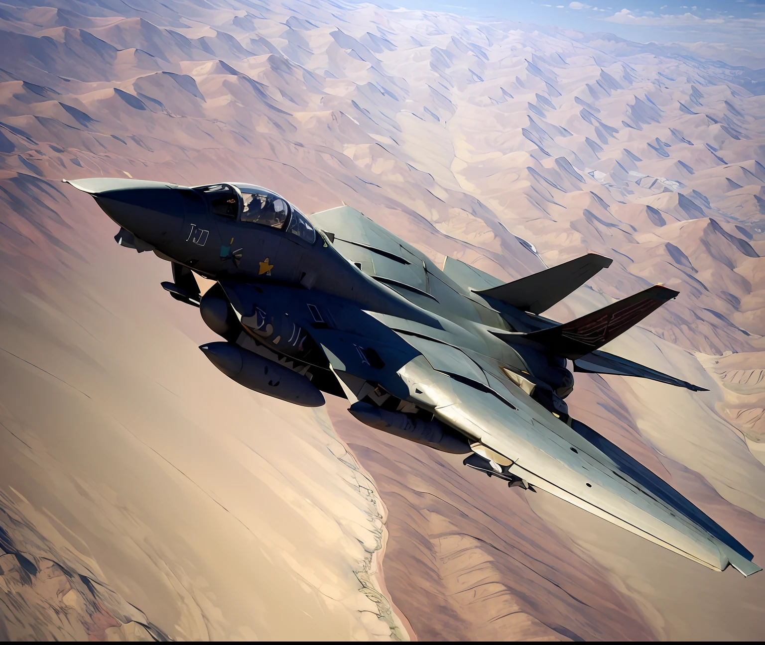 (masterpiece, best quality:1.2), ultra-detailed, F14 Jet, view from top over desert (realistic:1.5),