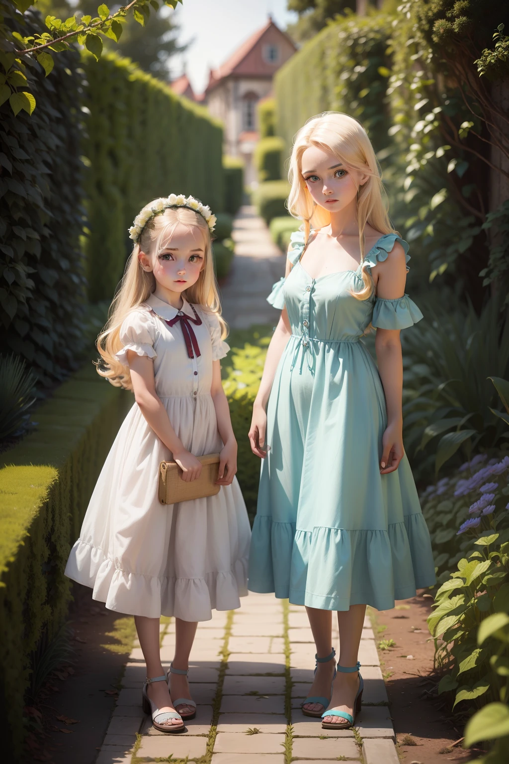 Two girls, sisters, Long blond hair, closed dresses, Cyan eyes, Fashion of the 1940s, garden