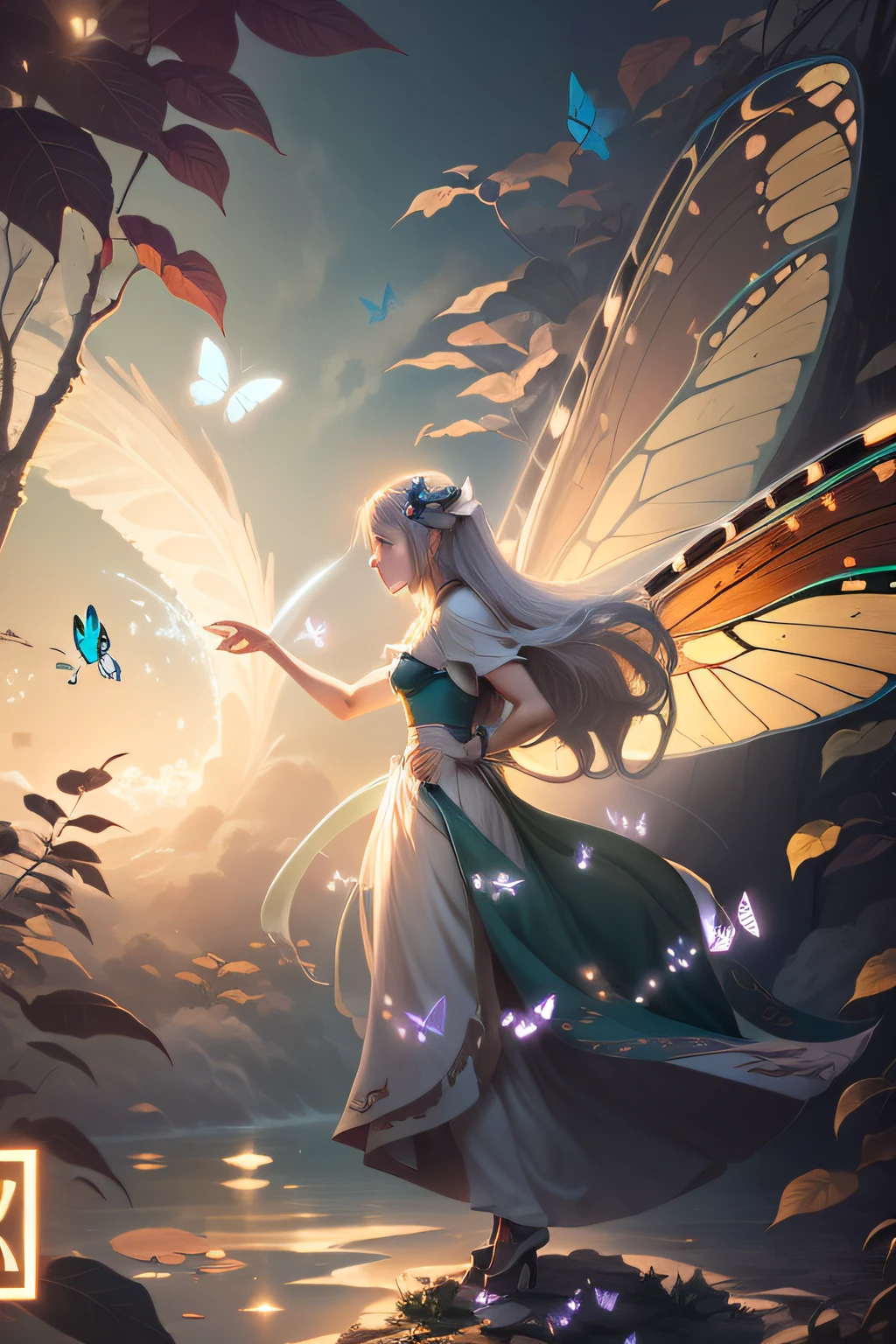 elf Angel,Butterfly wings,Soft light and shadow,dream colors,magnificent plumage,Elegant and flowing,mystical ambiance。