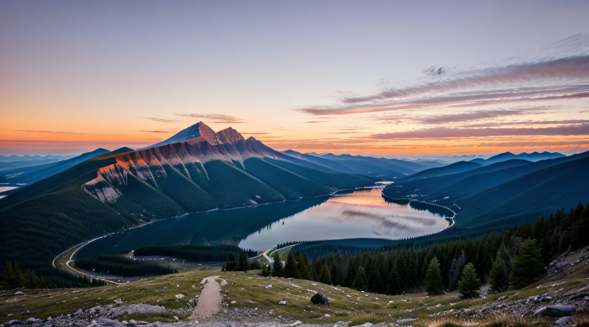 sunset on mountain, lake under montain