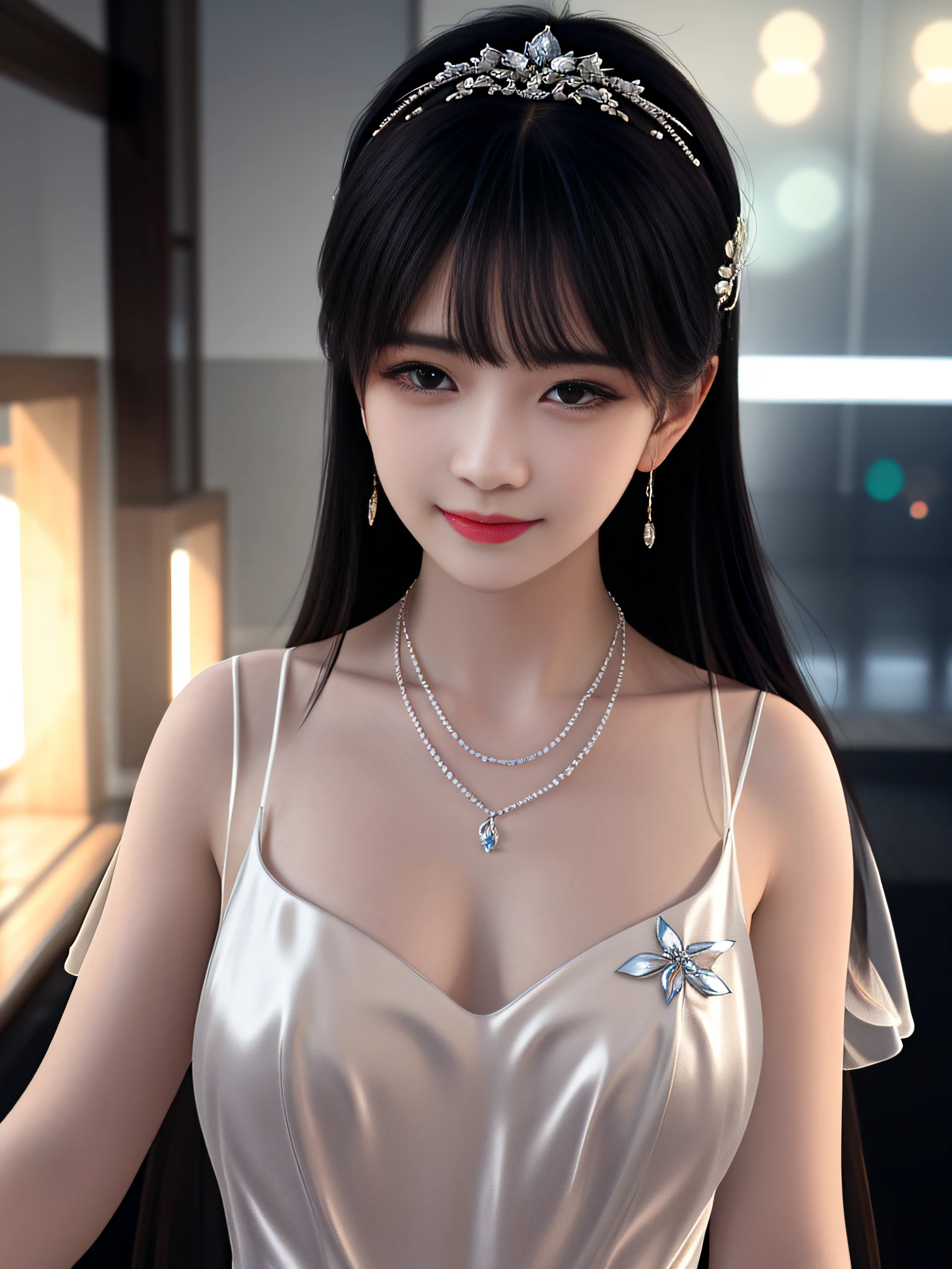 Best quality, masterpiece, high resolution, 1girl, clear silk porcelain dress, beautiful face, hair accessories, looking at the audience, smiling, close your mouth, lips, dress, hair accessories, necklaces, jewelry, long hair, earrings, beautiful face, on the body, Tindal effect, realism, dark studio, edge lighting, two-tone lighting, (high detail skin: 1.2), 8k UHD, DSLR, soft light, high quality, volumetric lighting, photo, high resolution 4K, 8k, blurred background