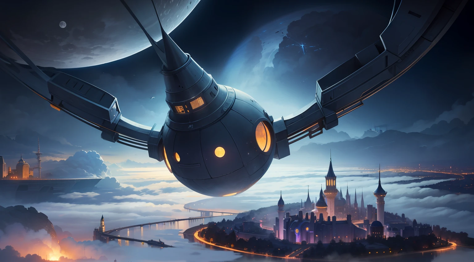 Close-up of the city hanging above the clouds,Huge metal city,Brilliant colors,themoon,Gyro-shaped fortress city,The fortress is protected by a light blue light mask,the trees,flowingwater,the trees,flowingwater,flying birds