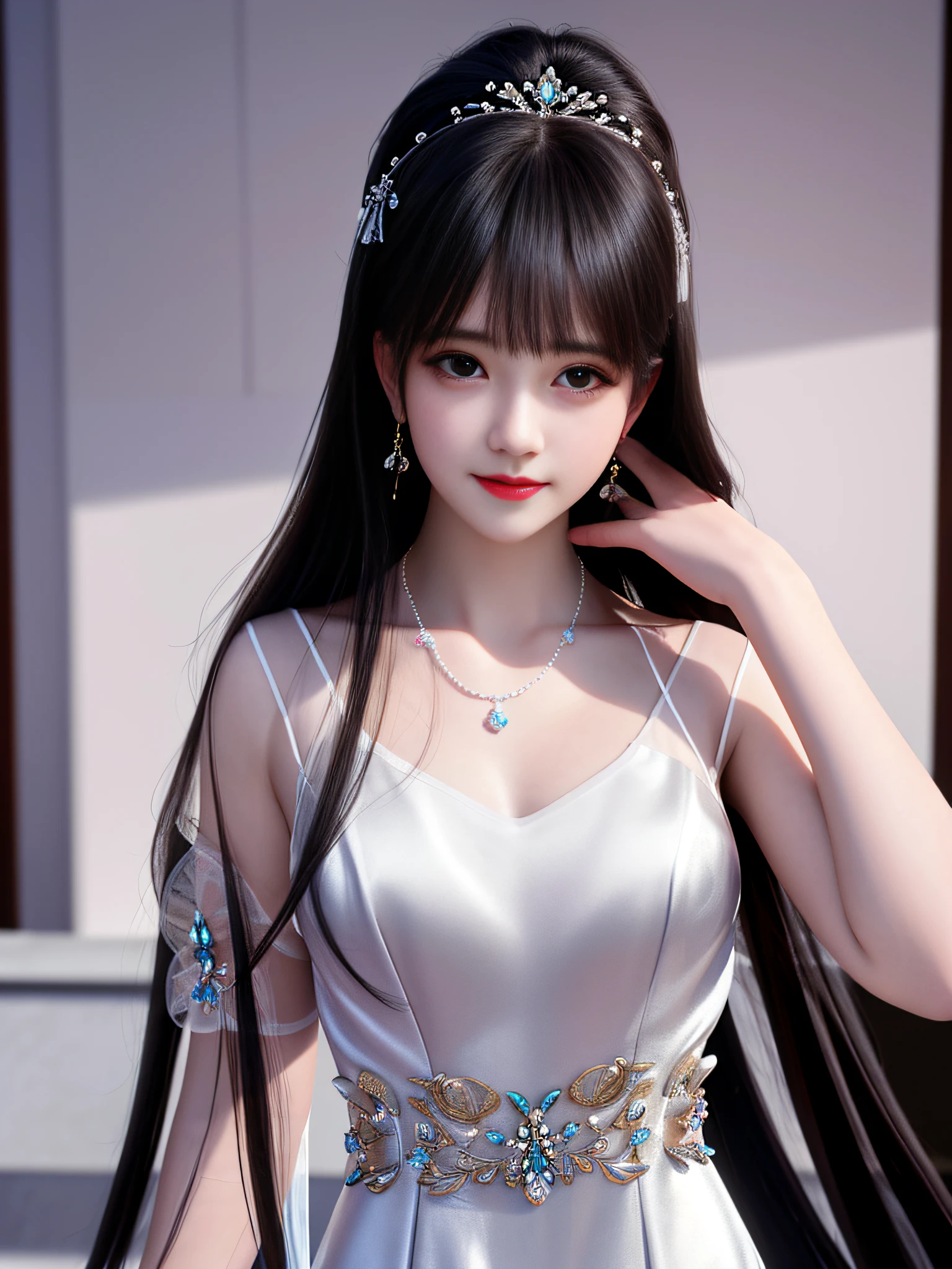 Best quality, masterpiece, high resolution, 1girl, clear silk porcelain dress, beautiful face, hair accessories, looking at the audience, smiling, close your mouth, lips, dress, hair accessories, necklaces, jewelry, long hair, earrings, beautiful face, on the body, Tindal effect, realism, dark studio, edge lighting, two-tone lighting, (high detail skin: 1.2), 8k UHD, DSLR, soft light, high quality, volumetric lighting, photo, high resolution 4K, 8k, blurred background