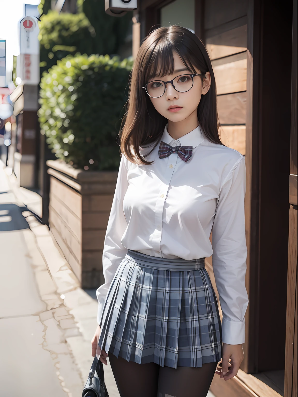 (8K、Raw photography、top-quality、masterpiece:1.2),Bullish,Muchimuchi,Erotic,Pupils,Light Blue Bra,de pele branca,kne,(Black pantyhose),absurderes,a small face,small tits,flat breast,Parting the bangs from the middle、Forehead visible,(a cold expression,Tight eyes,glares,Bullish,skinny,Rasping,irate)、masterpiece,top-quality、超A high resolution,Raw photo,ren,Beautiful fece,One Person, 独奏,eye glass,,Dark look,Small breasts,fullllbody,Round glasses、cute little、JK school uniform,hi-school girl,A Japanese Lady,is standing,(Photorealsitic:1.37)、Photon mapping,Realistic、Cute little face,Brown-eyed、Black socks、(Red bow tie)、Radio City、Physically Based Rendering、Foreground、depth of fields、Blurry background、a picture,The girls、Body,beauty legs, Long legs, Thin leg,shorttwintail,(Bangs are visible), hair, s lips, Blue_The eye, nosesoft,(Light blue shirt), (Navy and blue and white plaid pleated skirt), Knees are visible,Sheer clothing,, Thigh, Black cotton socks,Nogizaka Idol, 女優, Japanese ido