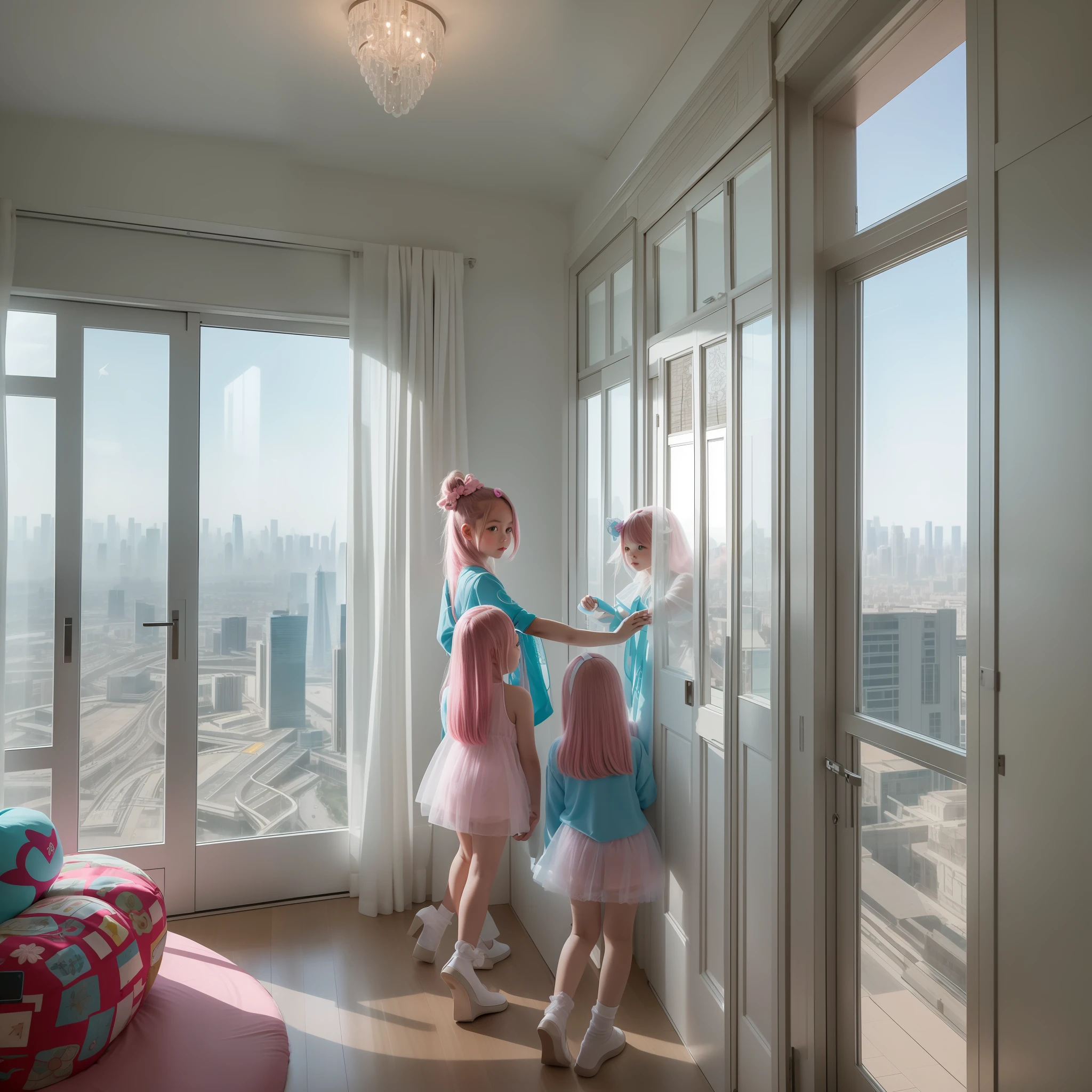 Floor-to-ceiling windows in the living room on the 180th floor of the Shanghai Tower door,Two little girls in openwork translucent stockings holding toys,Pout,Pink double-tailed hair and cyan eyes,Anime little girl in servant costume