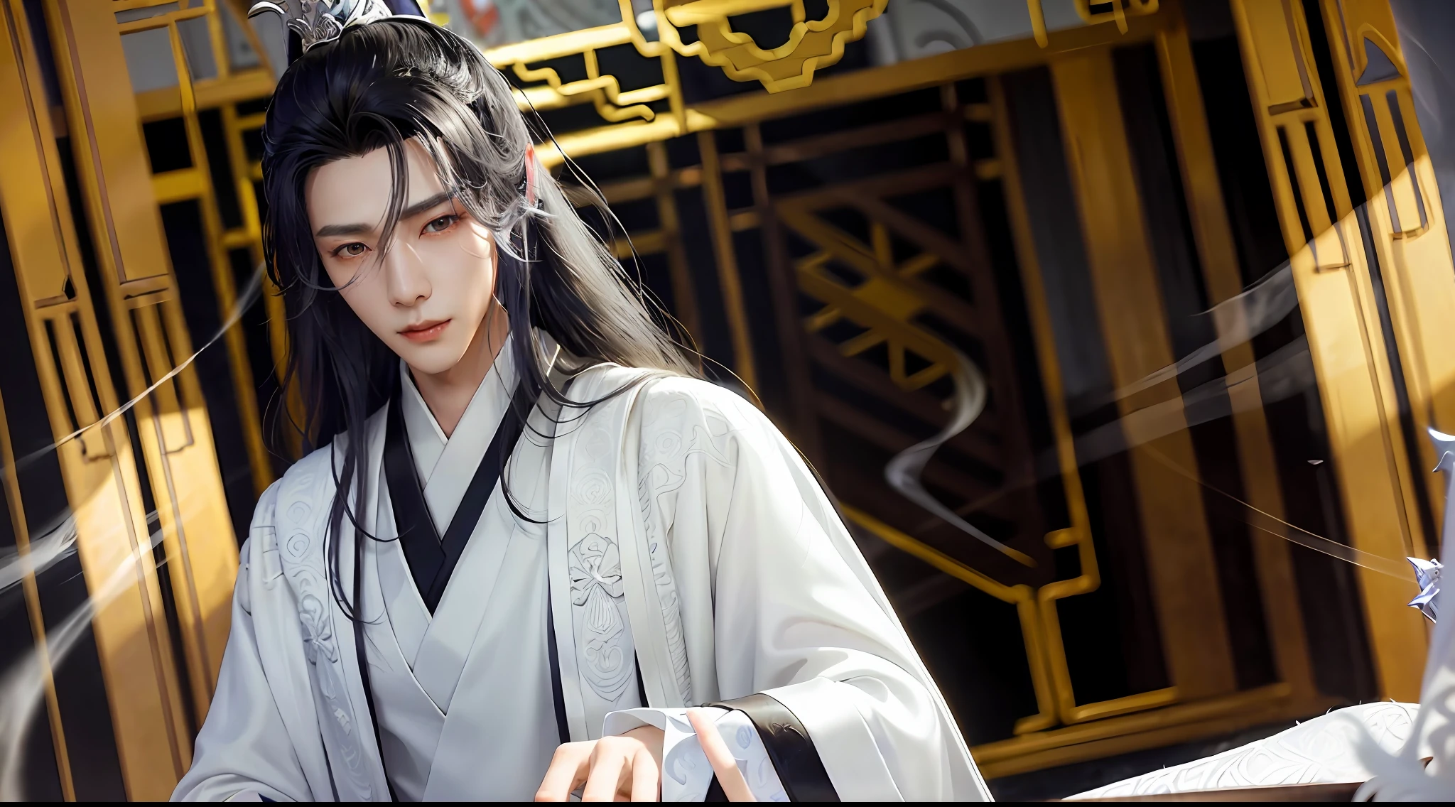 Realistic skin texture, highly detailed, 8k wallpaper, volumetric lighting, dynamic lighting, black long-haired man, long hair fluttering, silver lotus imprint on forehead, Chinese style white robe, black embroidery pattern, dynamic perspective, cloudy mist, ancient Chinese architecture, fairy magic, blue lightning winding,