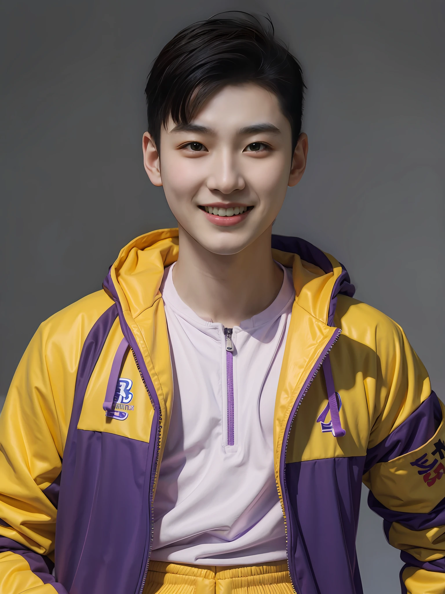 A Chinese male high school student，Wearing purple tracksuits