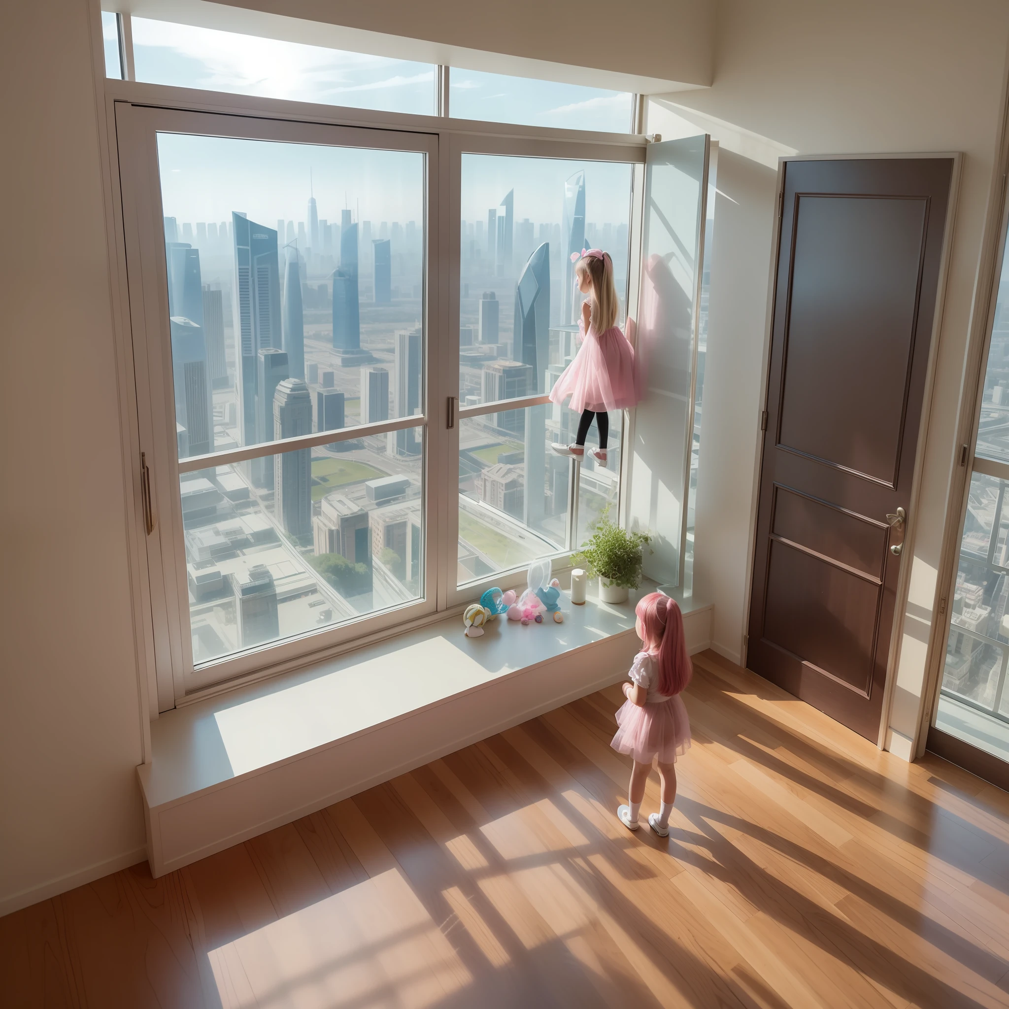 Floor-to-ceiling windows in the living room on the 180th floor of the Shanghai Tower door,Two s in openwork translucent stockings holding toys,Pout,Pink double-tailed hair and cyan eyes,Anime little girl costume