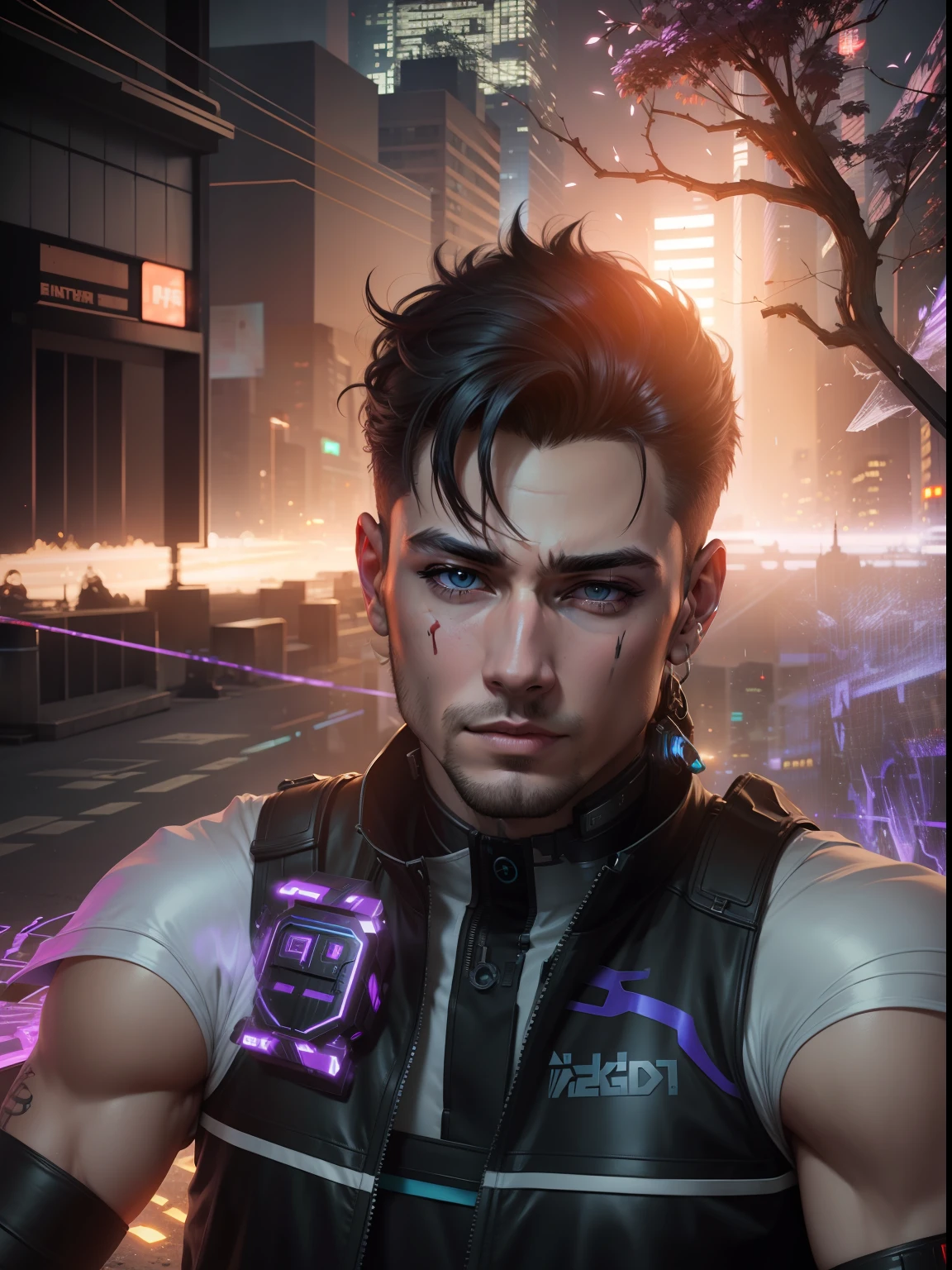 Change background cyberpunk handsome boy. Realistic face, 8k, ultra realistic