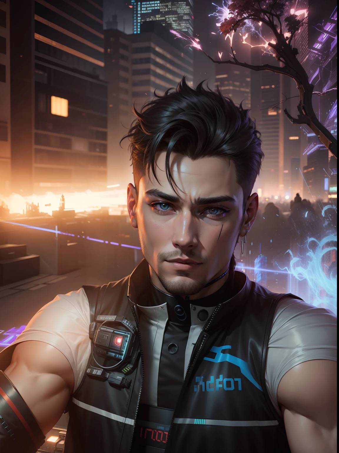 Change background cyberpunk handsome boy. Realistic face, 8k, ultra realistic