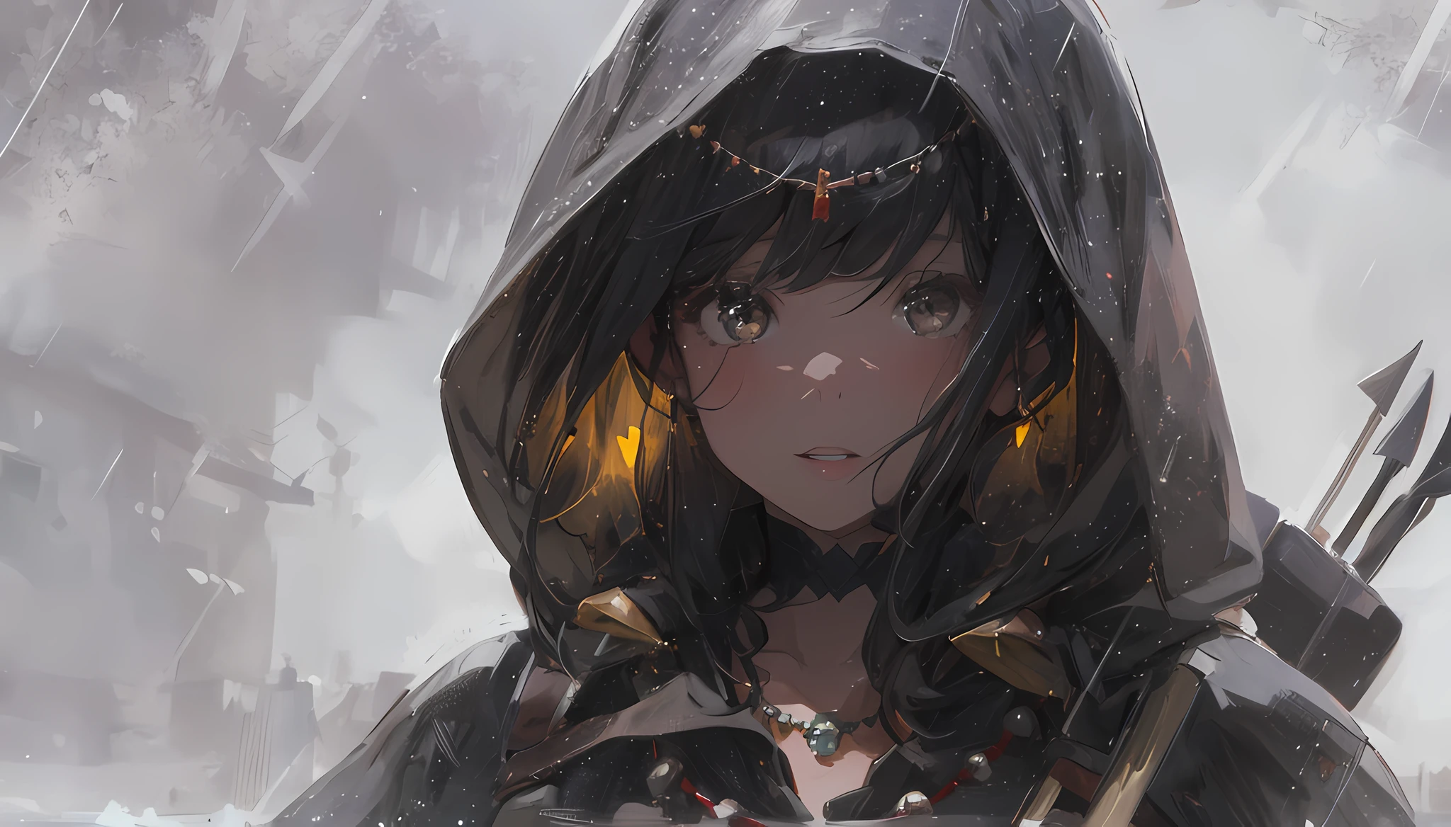 A girl, (((beautiful look))), The appearance of the model, 8K, is looking at the camera, Patterns on the face, It's raining, black hair, Necklace of teeth, quiver on the back, arrows in a quiver, ((Masterpiece)), Top Quality, accuracy, ((((super detaill)))), blurred background, hiquality,