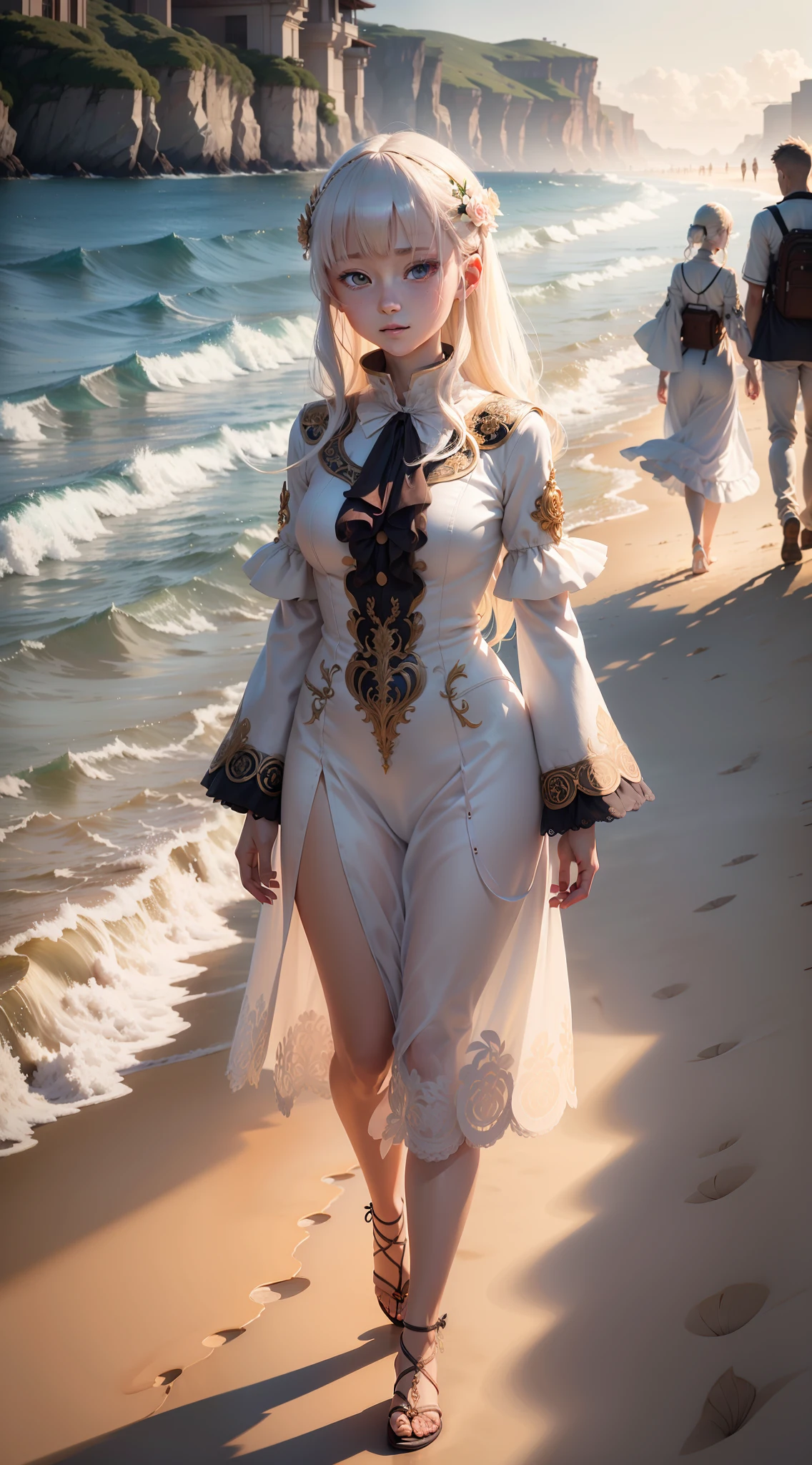 masutepiece, Faraway view, detailed illustration, of the highest quality, Exquisite, Anime style, Beautiful albino girl walking on sunset beach, 2guys, Full body, Gentle smile, depth of fields, pixiv, High-quality photos, 8K, Elaborate, unreal enginee 5, ornate, Ultra-detailed, Edge lighting, Highly detailed, Fine detail