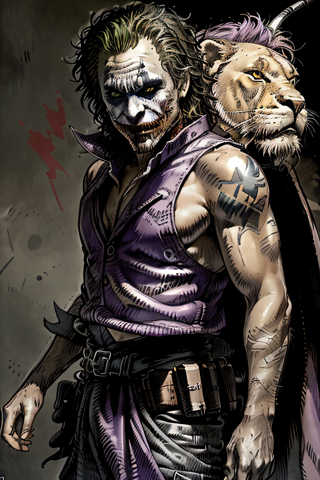 (The Joker as a Samurai:1.2), [art by Thomas Hfner, art by Henry Moret::12], concept art, shoulder-level shot of a Plush "Hercules Slaying the Nemean Lion", Snowy, Private Press, Fuchsia and Lavender hue, intricate, vignette, artstation