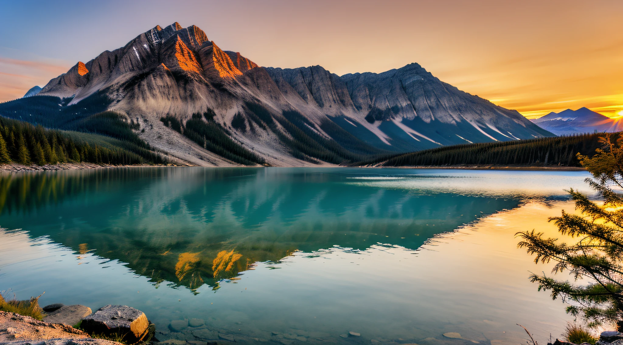 sunset on mountain, lake under montain
