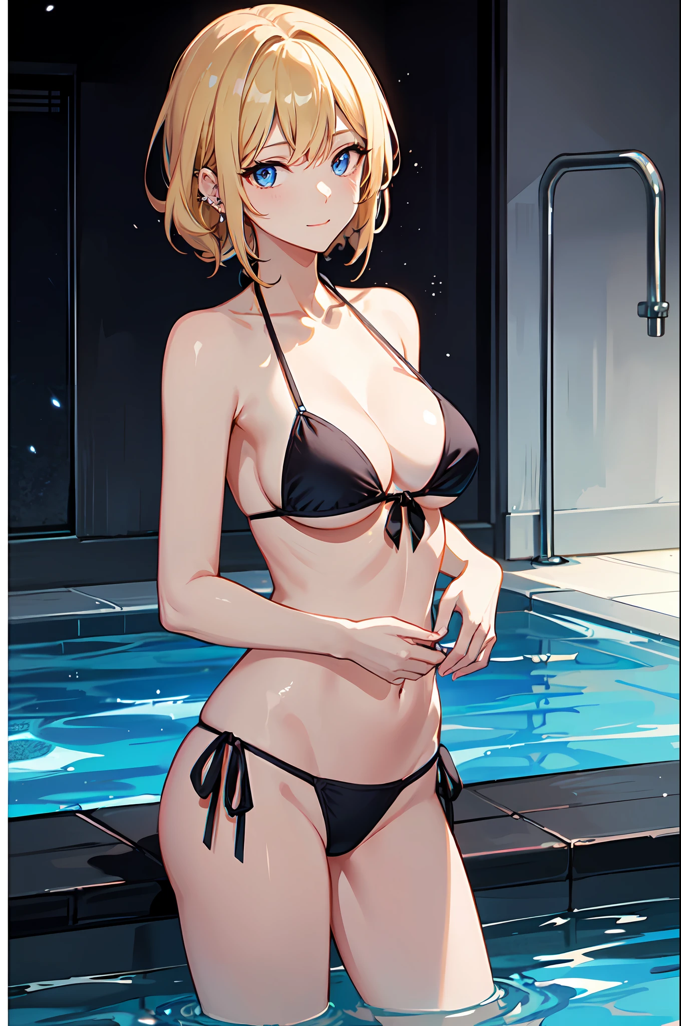 realisitic、top-quality、女の子 1 人、a blond、Natural eye color、piercings、Shy face、Fancy Bikini、front-tie bikini top、beautiful boob 、Dark night pool、Particles of light、profetional lighting、wall-paper、