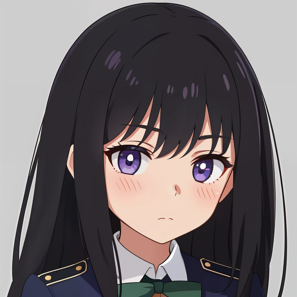 Portrait, 1 girl in, tiny chest,with blush cheeks, Long Black Hair,Purple Eye, Wearing plain blue clothes, astonished face,Style Female Anime,Dark blue uniform,Green Ribbon Thailand,Holding a gift in your hands