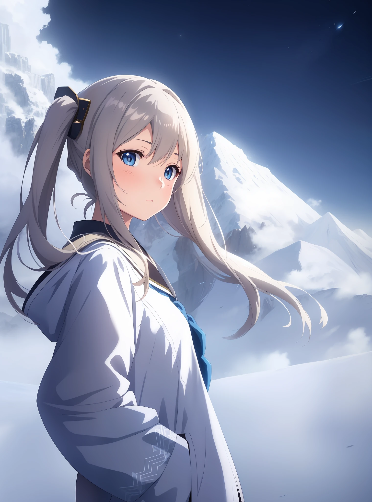 Anime girl with beige long hair and blue eyes standing in front of the mountain，anime visual of a cute girl，Smooth anime CG art，Fine details，Kantai collection style，4k anime wallpapers，visual novels CG，Anime moe art style，4k manga wallpapers，Beige hair，Hair is blown up by the wind"Without expression"。