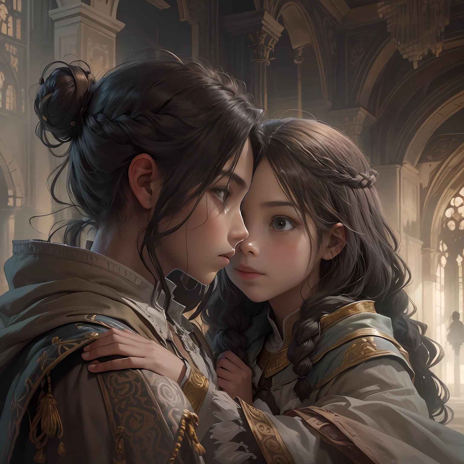 scenery, A huge ruined room with traces of battle, Duo of a girl and a boy, side-view, Hi-Def, ultradetail, European facial features, realeme fentezi, Pattern, portraite of a, side glance: childish, 3 years, dark brown long hair, dark eyes, Frowning, A fighting look into the distance, dressed in an old shabby gray cloak,Beautiful handkerchief, wrapped around her head, Hands raised up, Clarity: 8 months, scenery: side view Huge throne room with large windows, A 3-year-old girl in an old raincoat stands near the throne, Ao fundo, Near the throne, A 3-year-old boy hugs a girl by the shoulders, Rear side view: A 3-year-old boy hugs a girl by the shoulders, Standing behind the throne of steam (((male)), fashion photography, (Full portrait), (half), 独奏, Detailed background, Detailed Face, (stonepunkAI, Stone theme:1.1), wise, (beautiful hair, braid: 0.2), shaman, The partition is harsh, mysterious, (Gorgeous face), Stunning, The head is tilted upwards, (calm expression on his face), Calm, Intimate Interaction. detailed clothes, realistic skin texture, Clear Focus, voluminous lighting, Good moments, Good shadows, sub-surface Scattering, Complex, Highly detailed, ((film)), dramatic, (Highest Quality, Award-winning, Masterpiece: 1.5), (Realism)