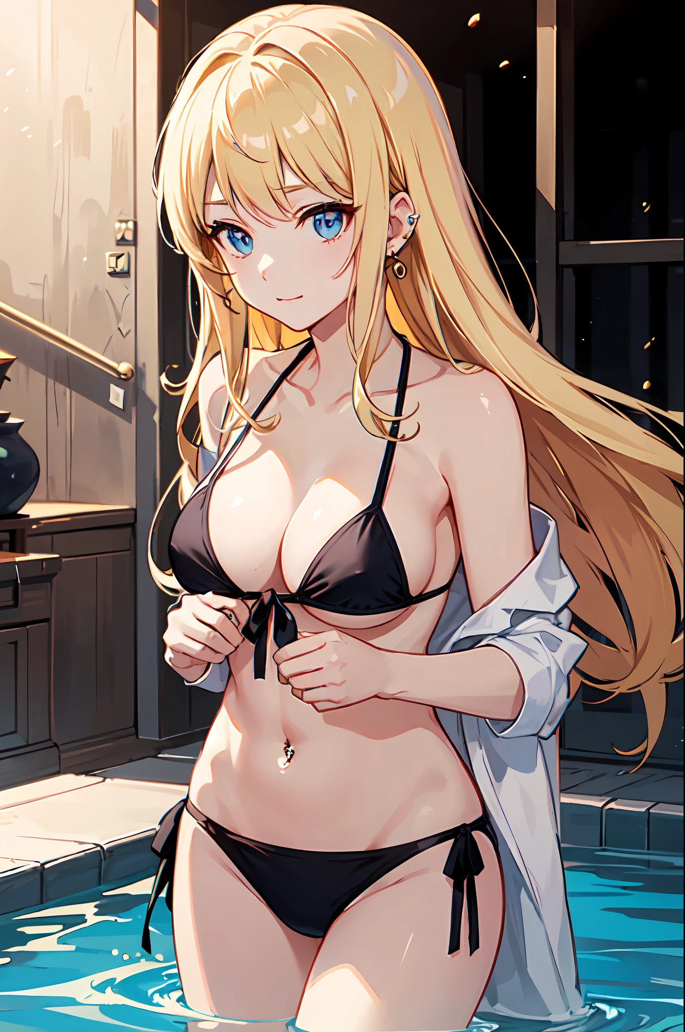 realisitic、top-quality、女の子 1 人、a blond、Natural eye color、piercings、Shy face、Fancy Bikini、front-tie bikini top、beautiful boob 、Dark night pool、Particles of light、profetional lighting、wall-paper、