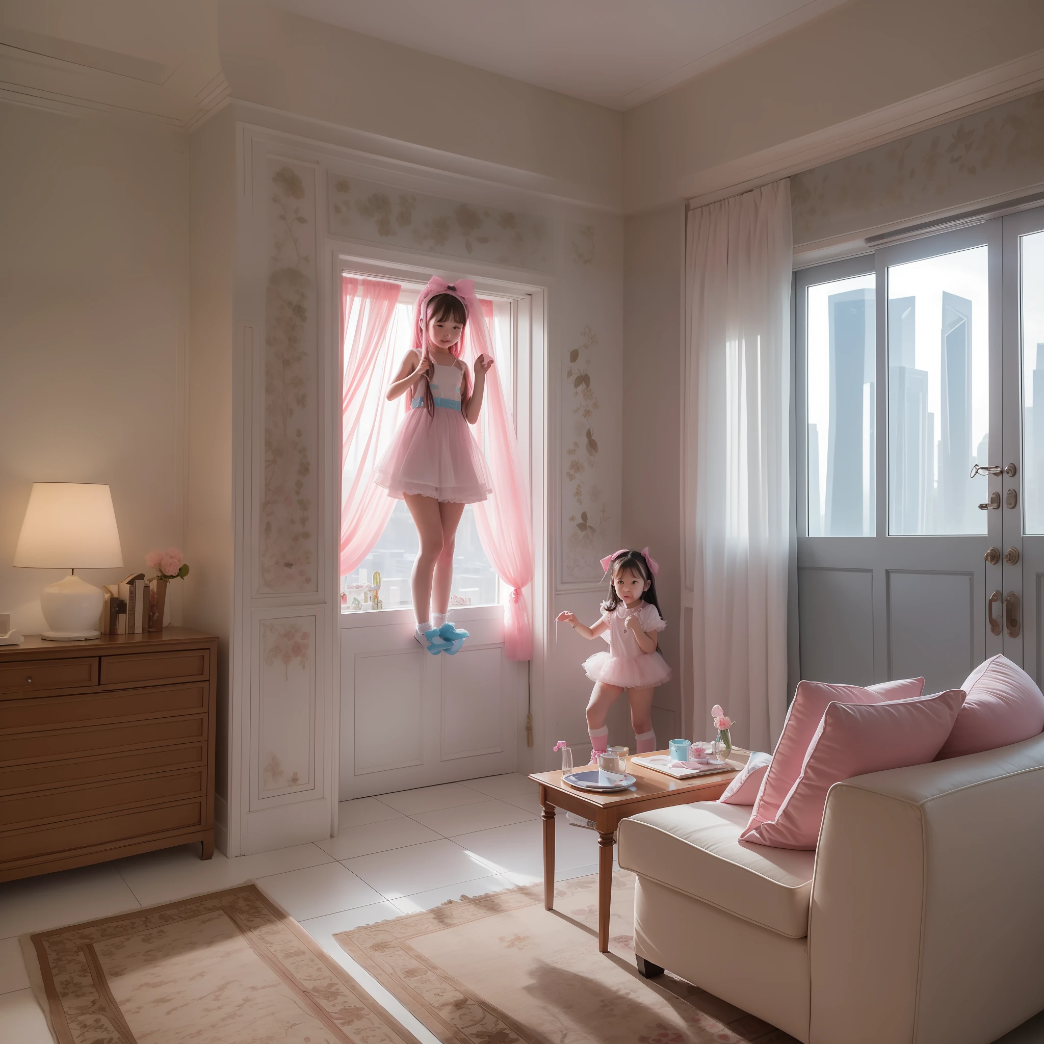 Floor-to-ceiling windows in the living room on the 180th floor of the Shanghai Tower door,Two girls in openwork translucent stockings holding toys,Pout,Pink double-tailed hair and cyan eyes,Anime littlein servant costume