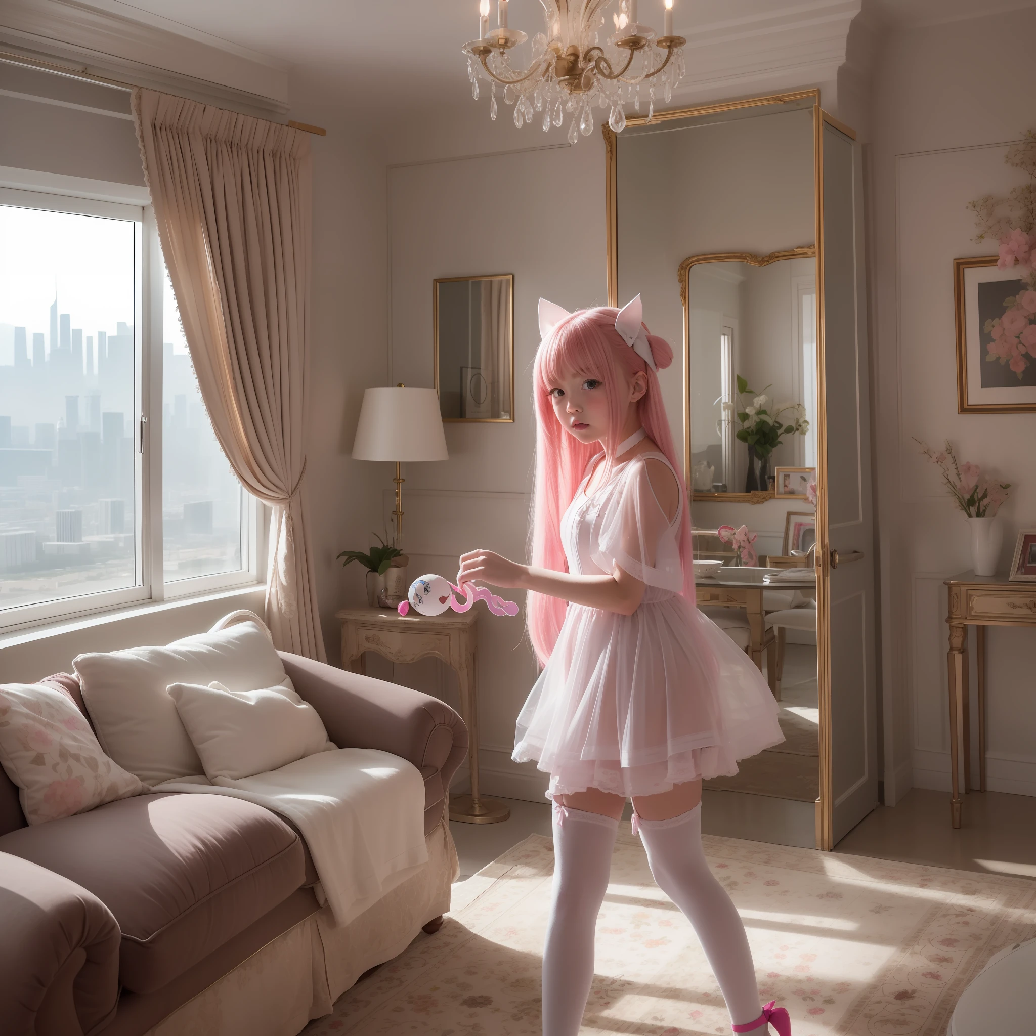 Floor-to-ceiling windows in the living room on the 180th floor of the Shanghai Tower door,Two little girls in openwork translucent stockings holding toys,Pout,Pink double-tailed hair and cyan eyes,Anime little girl in servant costume