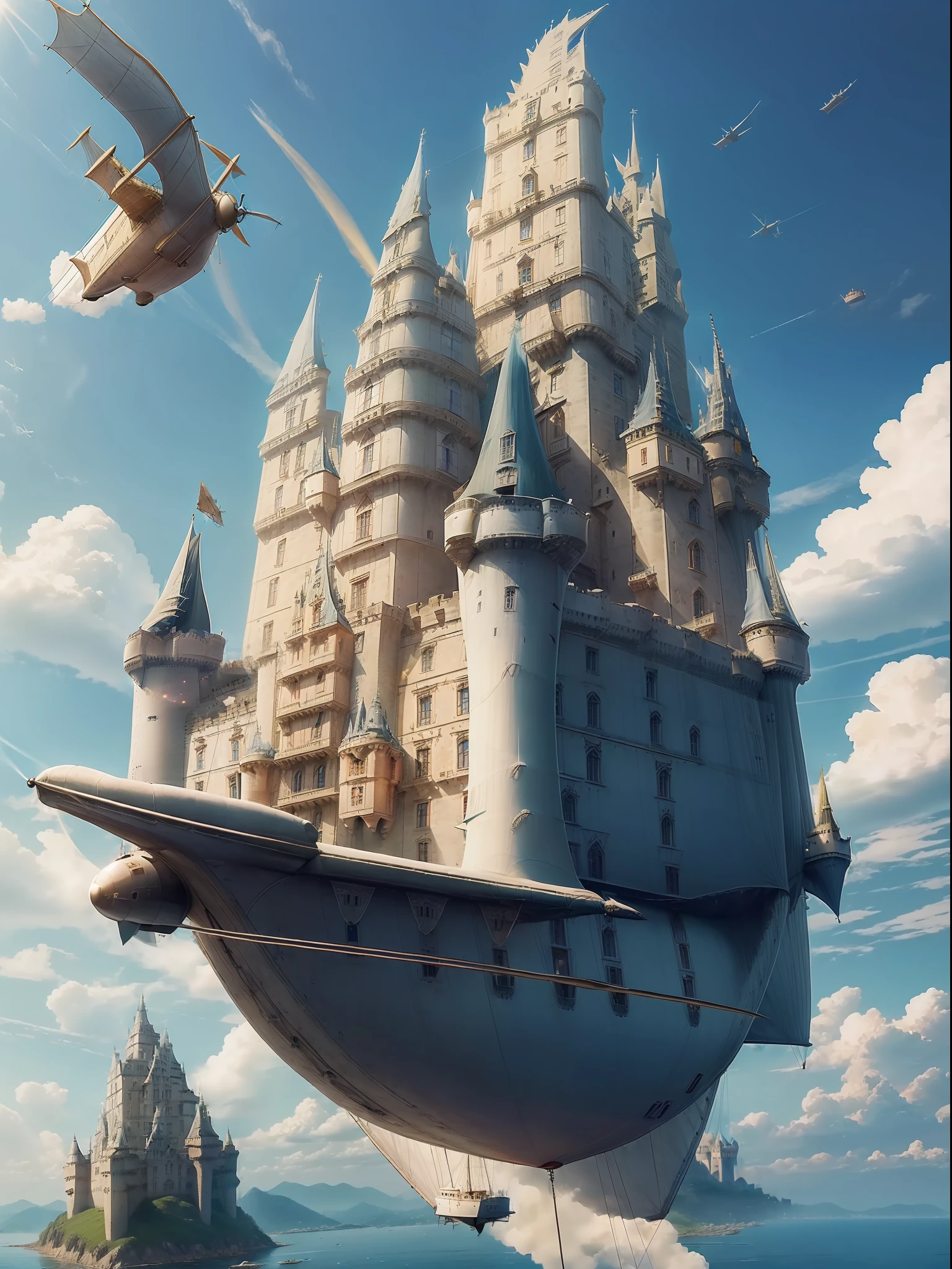 (Flying boat and castle were combined:1.5)、Like Final Fantasy、Upper air、(on clouds)、rays of sunshine、propeller、Cloth Wings、