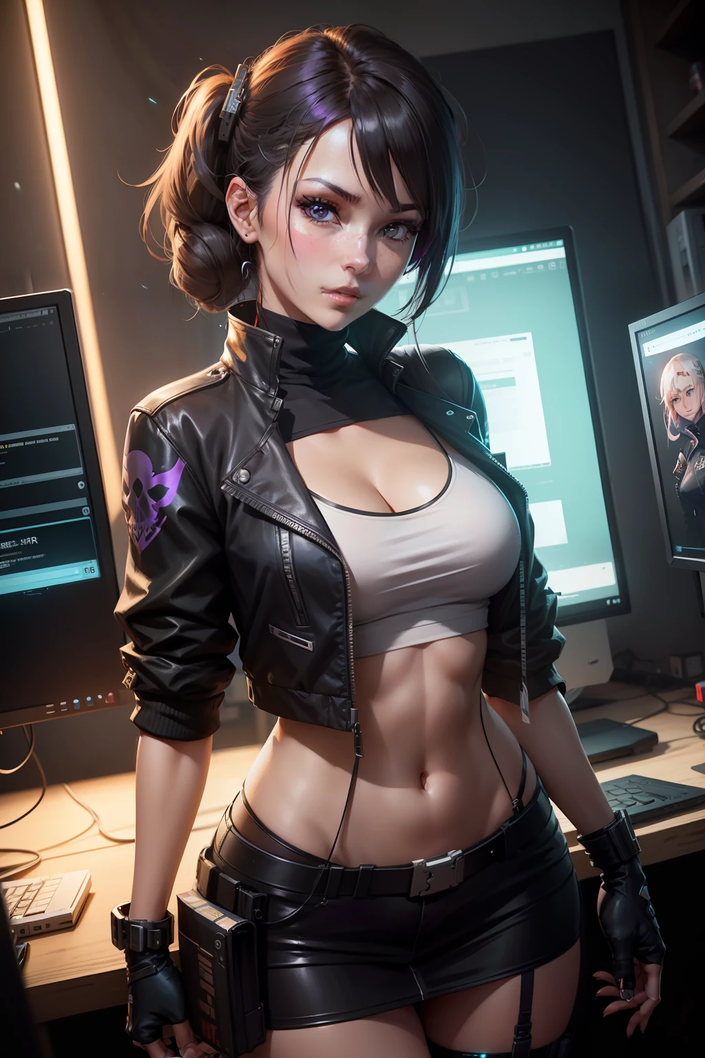 There is a woman holding a skull in front of a computer screen, Unreal 5. rpg portrait, girls frontline universe, Fine details. girls' frontline, girls frontline cg, anime skull portrait woman, girls frontline style, from girls frontline, Violet Battlefield theme, android heroine, artwork in the style of guweiz, Cyberpunk Anime Girl, Smooth Anime CG Art