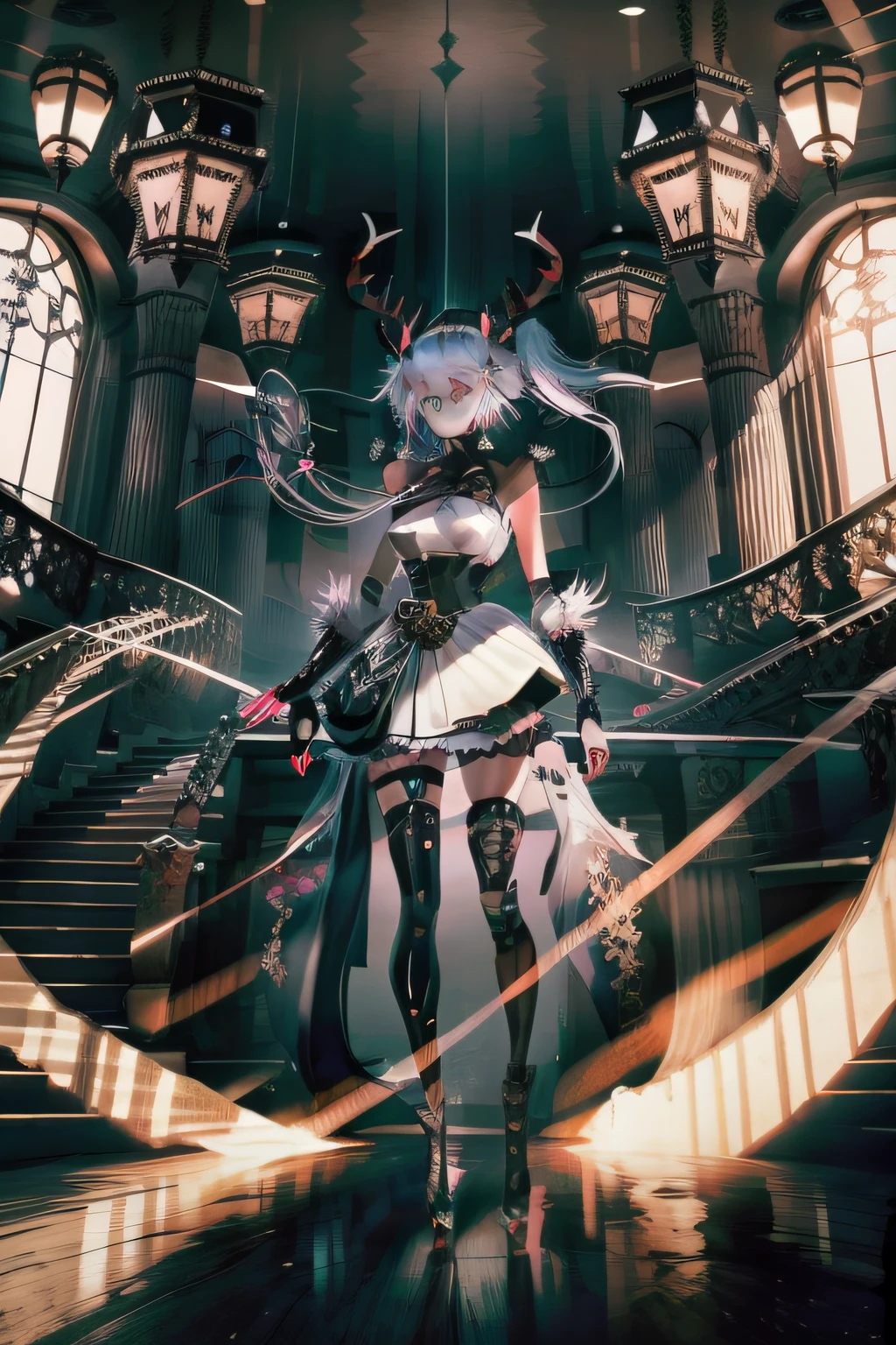 white hair, streaked hair, crown, horns, demon horns, goggles on headwear, mole under eye, tsurime, devil eyes, animal ears, scowl, v-shaped eyebrows, serious, jitome, disappointed, disdain, earrings, Surrealism, rococo style, Futurism, Gothic art, Baroque, Ashcan School, god rays, backlighting, ray tracing, film grain, wide shot, panorama