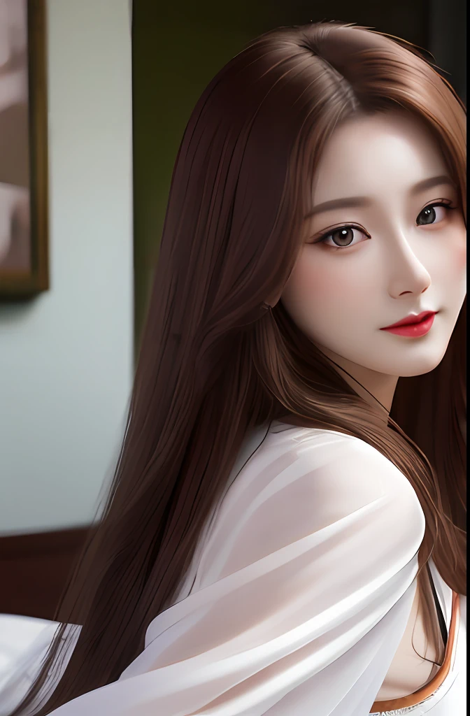 Very detailed eyes, very detailed face, very beautiful woman, best quality, super detailed (photorealistic), very delicate and beautiful legs, beautiful red eyes, absurdity, very detailed facial happy expression, professional illustration, shy, ff Mai Shiranui,big breast,brown hair,long hair,raped