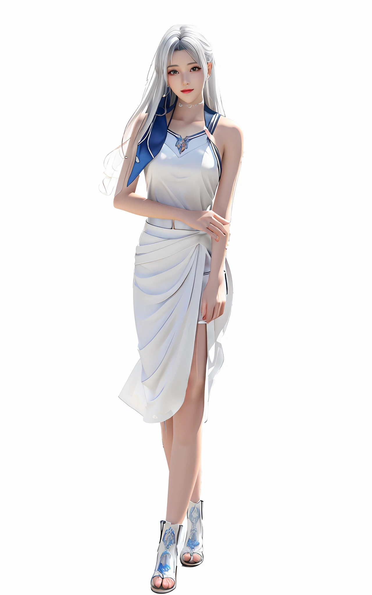 Ala Fed woman in white dress and blue scarf, render of april, White Salon, Tifa Lockhart with gray hair, render of mirabel madrigal, Nico in white dress, photorealistic anime girl render, White Dress!! of silver hair, full-body xianxia, White loincloth, dressed with long fluent clothes