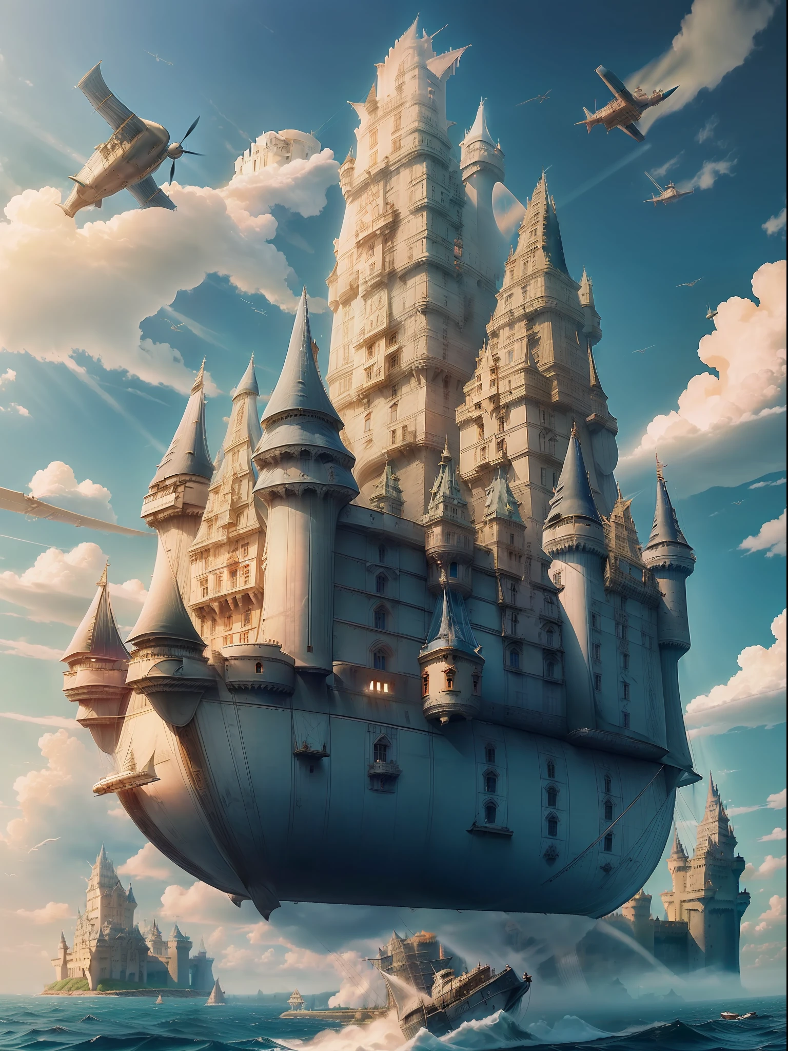 (Flying boat and castle were combined:1.5)、Like Final Fantasy、Upper air、(on clouds)、rays of sunshine、propeller、Cloth Wings、