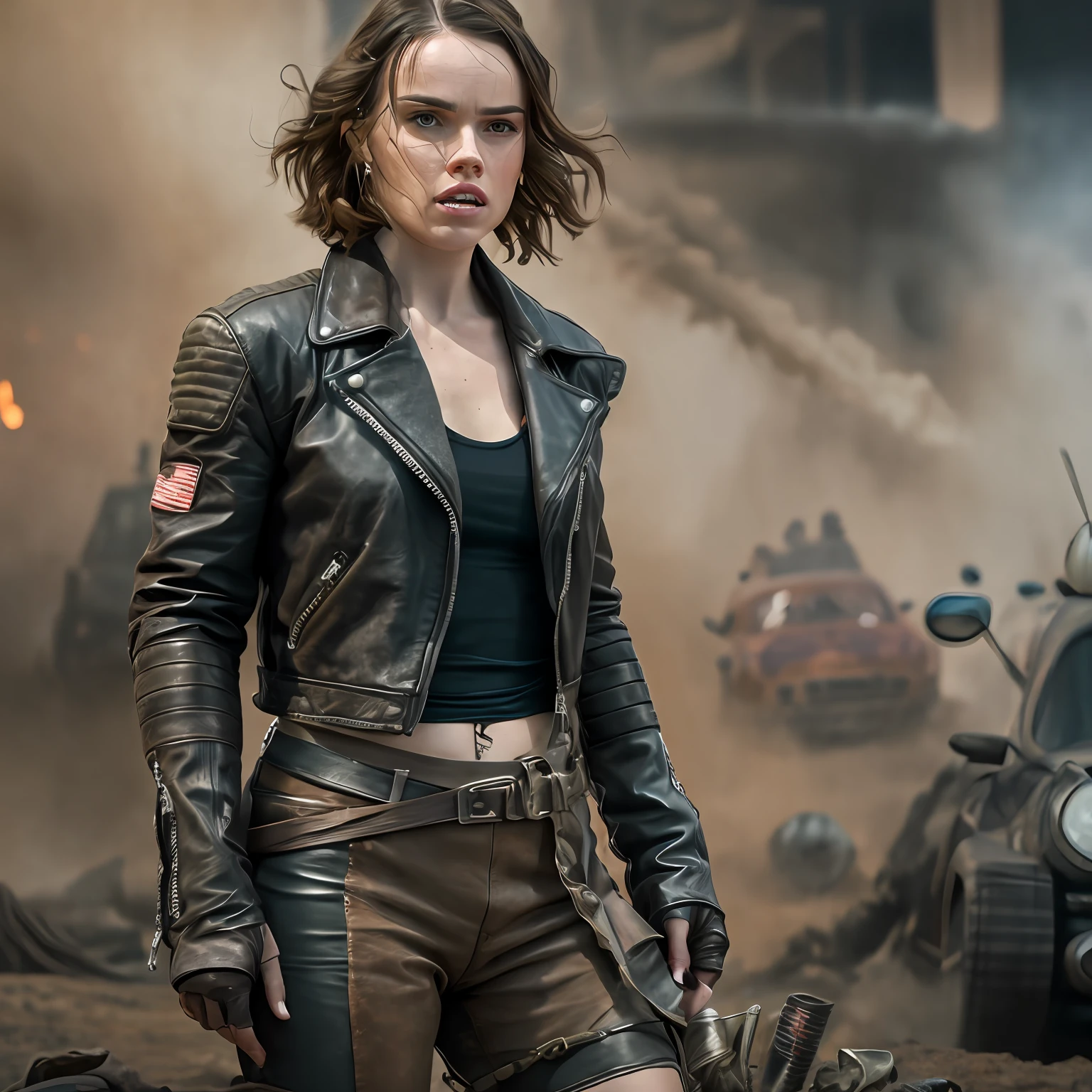 Sexy Daisy Ridley mad max style. Ragged chlotes, leather jacket, sexy, dark colours, belly,