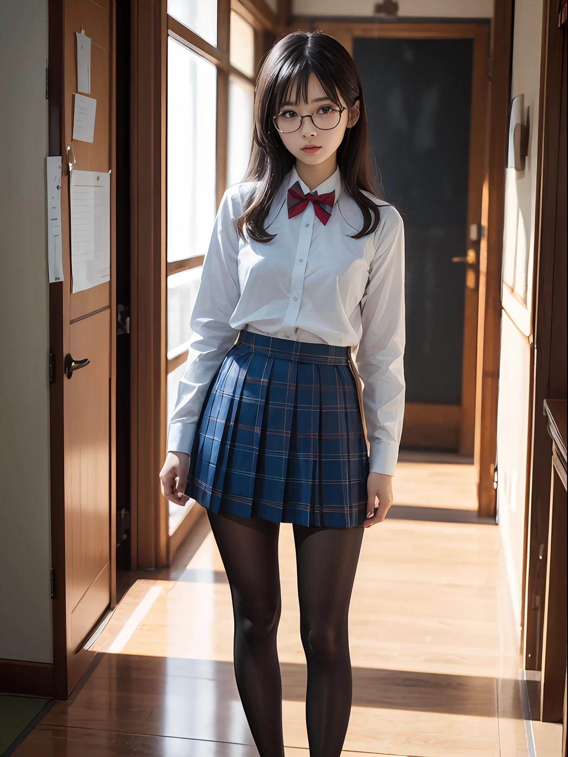 （8K、Raw photography、top-quality、​masterpiece：1.2),Bullish,Muchimuchi,Erotic,Pupils,Light Blue Bra,de pele branca,kne,(Black pantyhose),absurderes,a small face,small tits,flat breast,Parting the bangs from the middle、Forehead visible,(a cold expression,Tight eyes,glares,Bullish,skinny,Rasping,irate)、​masterpiece,top-quality、超A high resolution,Raw photo,ren,Beautiful fece,One Person, 独奏,eye glass,,Dark look,Small breasts,fullllbody,Round glasses、cute little、JK school uniform,hi-school girl,A Japanese Lady,is standing,（Photorealsitic：1.37）、Photon mapping,Realistic、Cute little face,Brown-eyed、Black socks、(Red bow tie)、Radio City、Physically Based Rendering、Foreground、depth of fields、Blurry background、a picture,The girls、Body,beauty legs, Long legs, Thin leg,(shorttwintail),(Bangs are visible), hair, s lips, Blue_The eye, nosesoft,(Light blue shirt), (Navy and blue and white plaid pleated skirt), Knees are visible,Sheer clothing,, Thigh, Black cotton socks,Nogizaka Idol, 女優, Japanese ido
