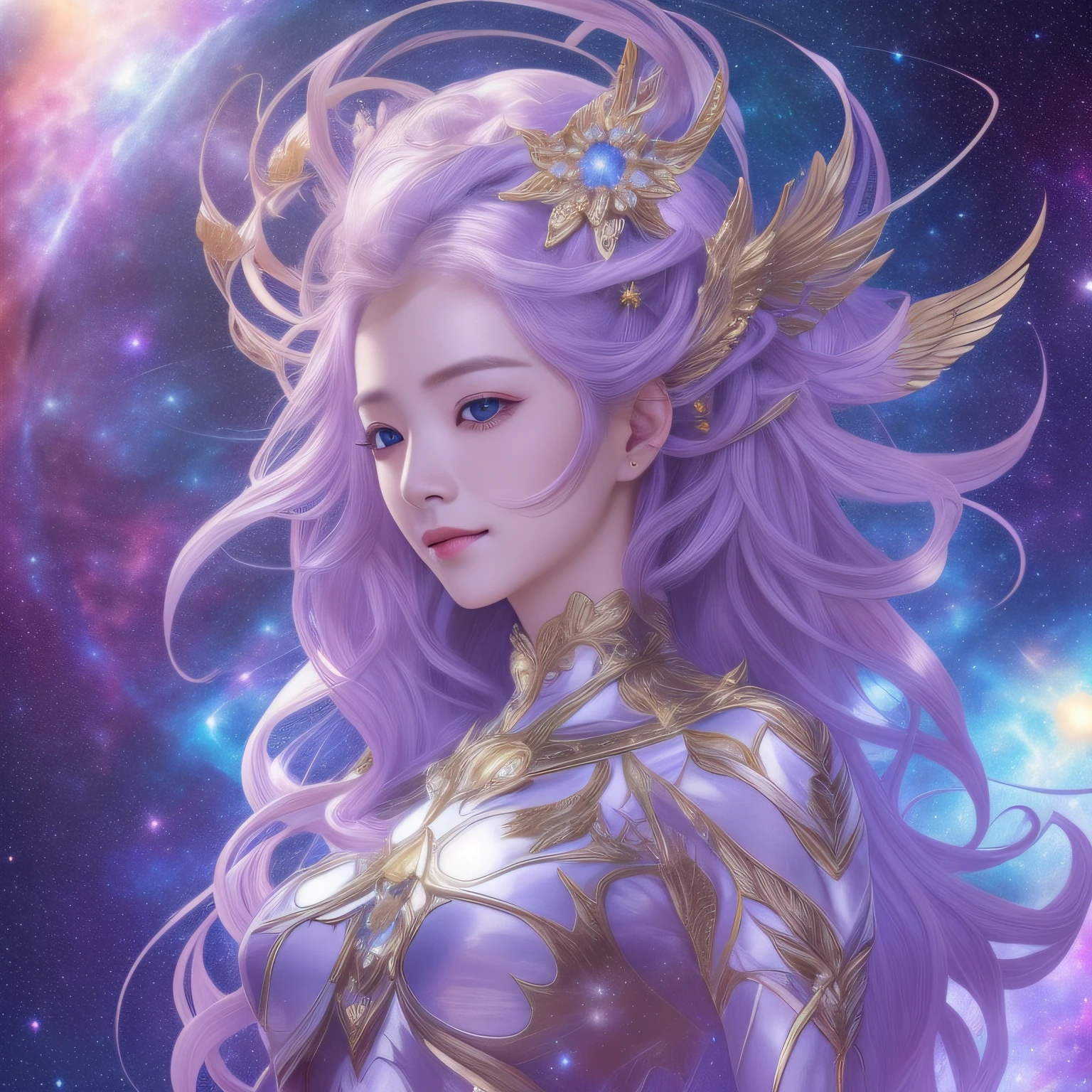 (Masterpiece portrait beautiful girl galaxy goddess)、gleaming skin、Shiny floating weightless hair、Clean face、A detailed face、perfectly proportions、Pretty curvaceous、smil、radiant eyes、hovering、Grab the universe、etheric、hallucination、powerful legs、creation、top-quality、2050、8K、nffsw、lut、Accretion disc、nebulas、supernova、Blue World、